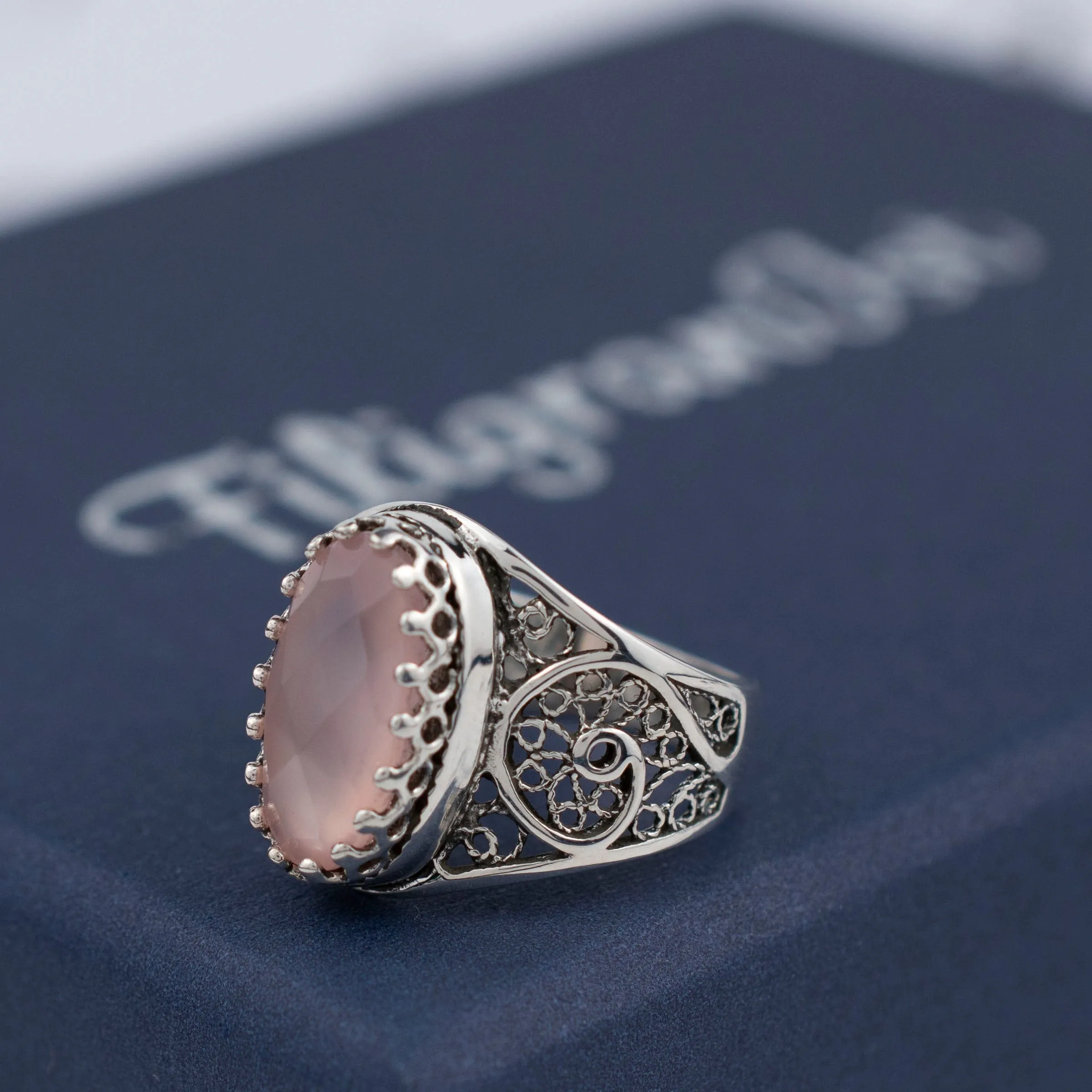 Pink Chalcedony Filigree Cocktail Ring - Sterling Silver Oval Gemstone Jewelry