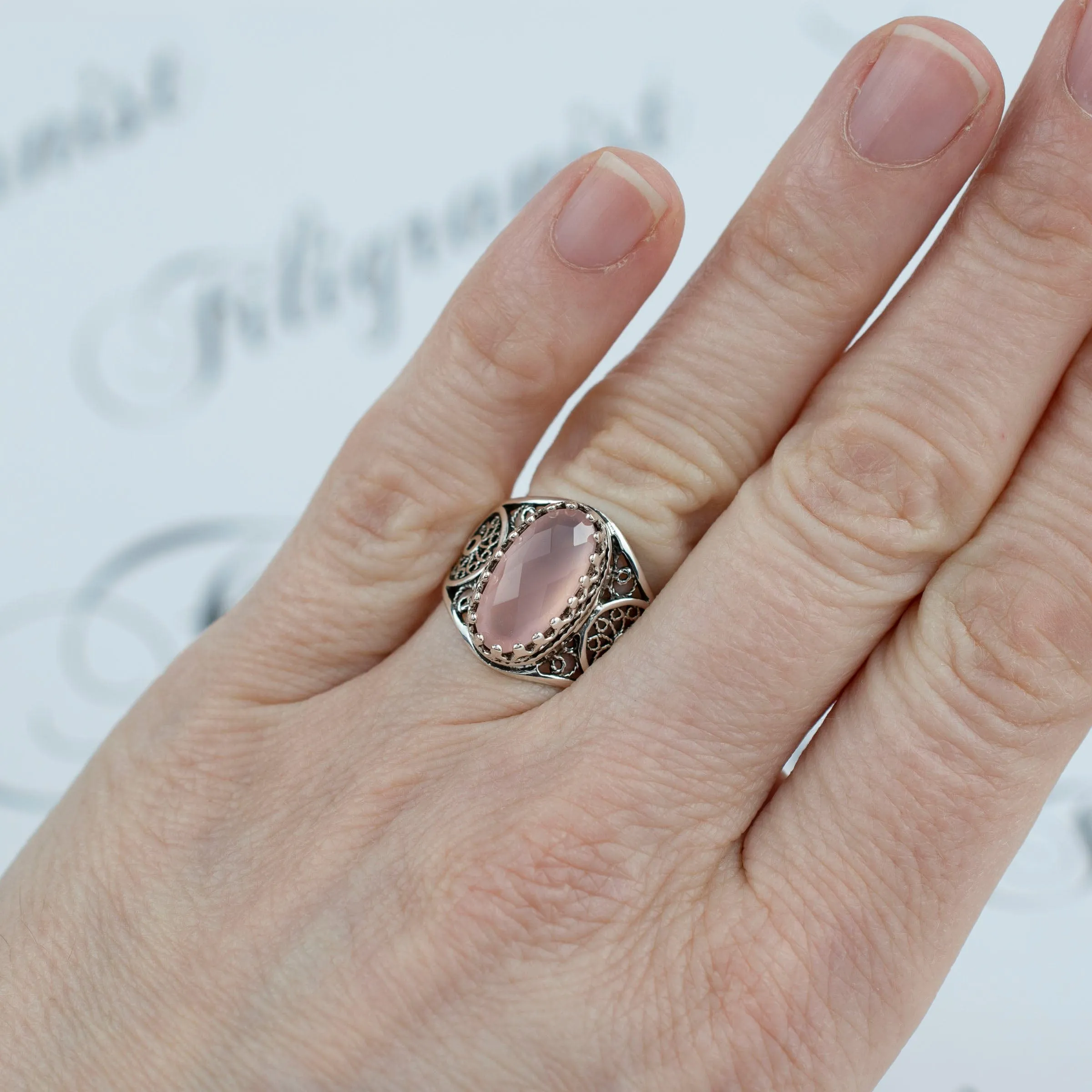 Pink Chalcedony Filigree Cocktail Ring - Sterling Silver Oval Gemstone Jewelry