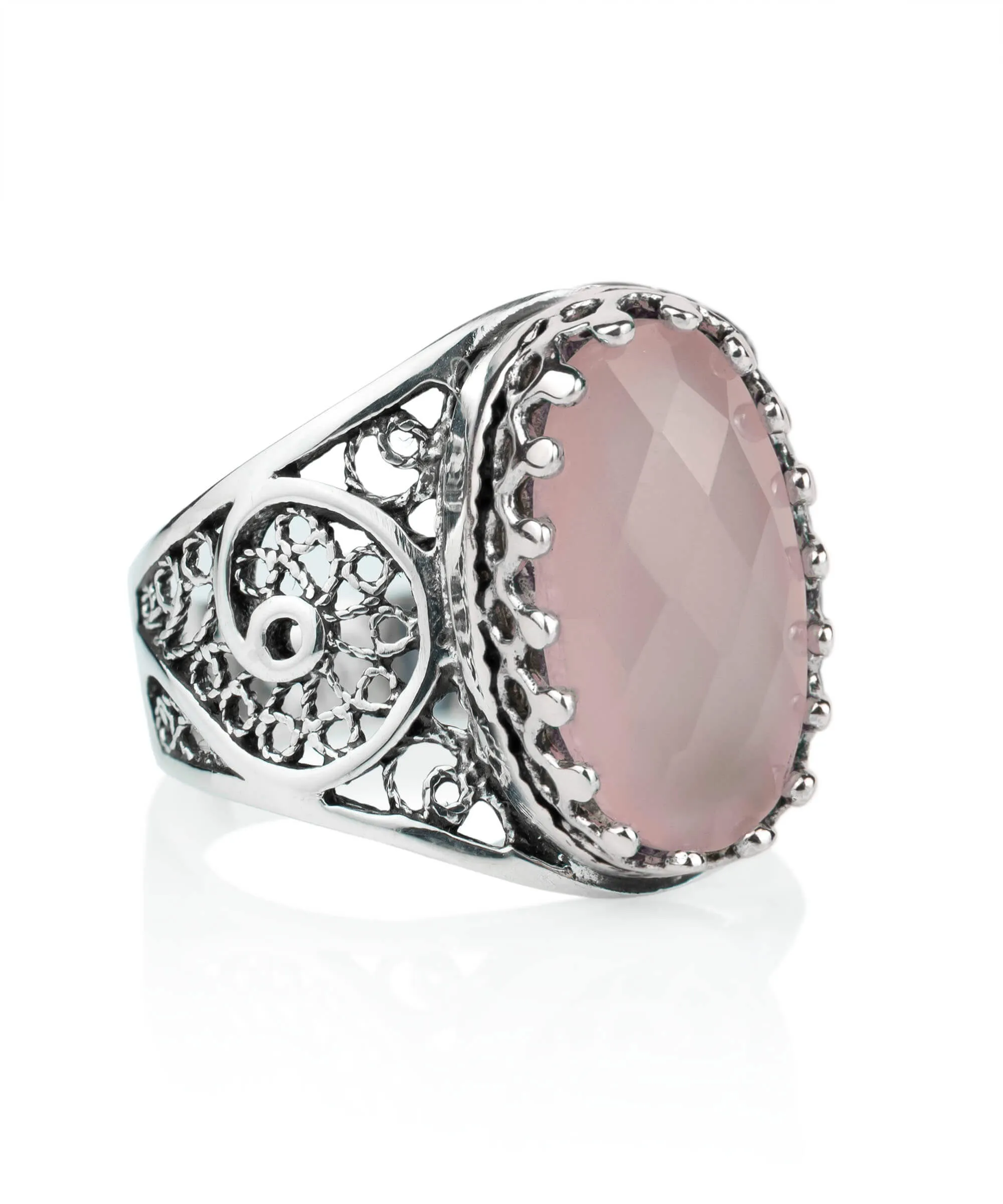 Pink Chalcedony Filigree Cocktail Ring - Sterling Silver Oval Gemstone Jewelry