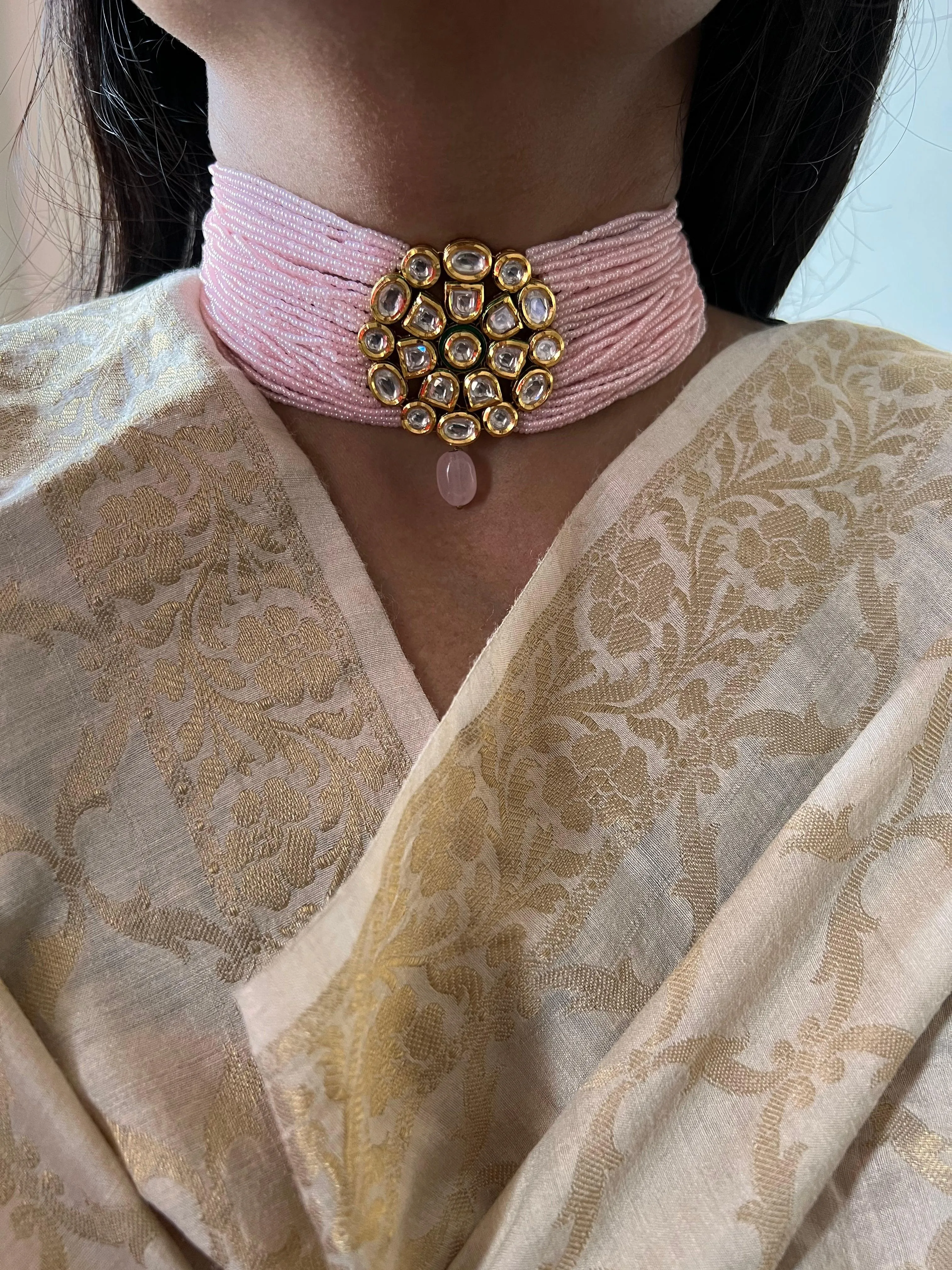 Pink Kundan Choker with Earrings