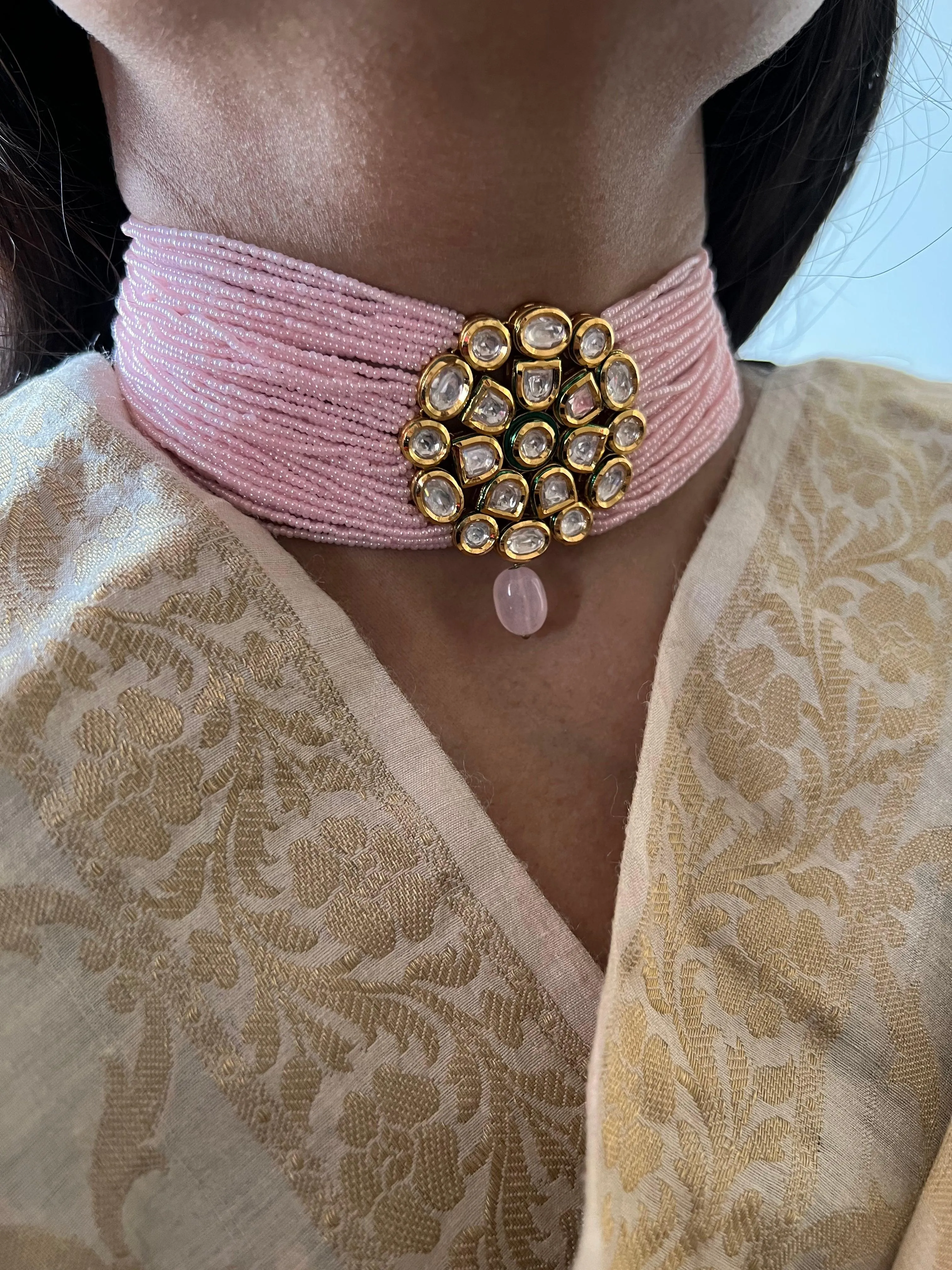 Pink Kundan Choker with Earrings