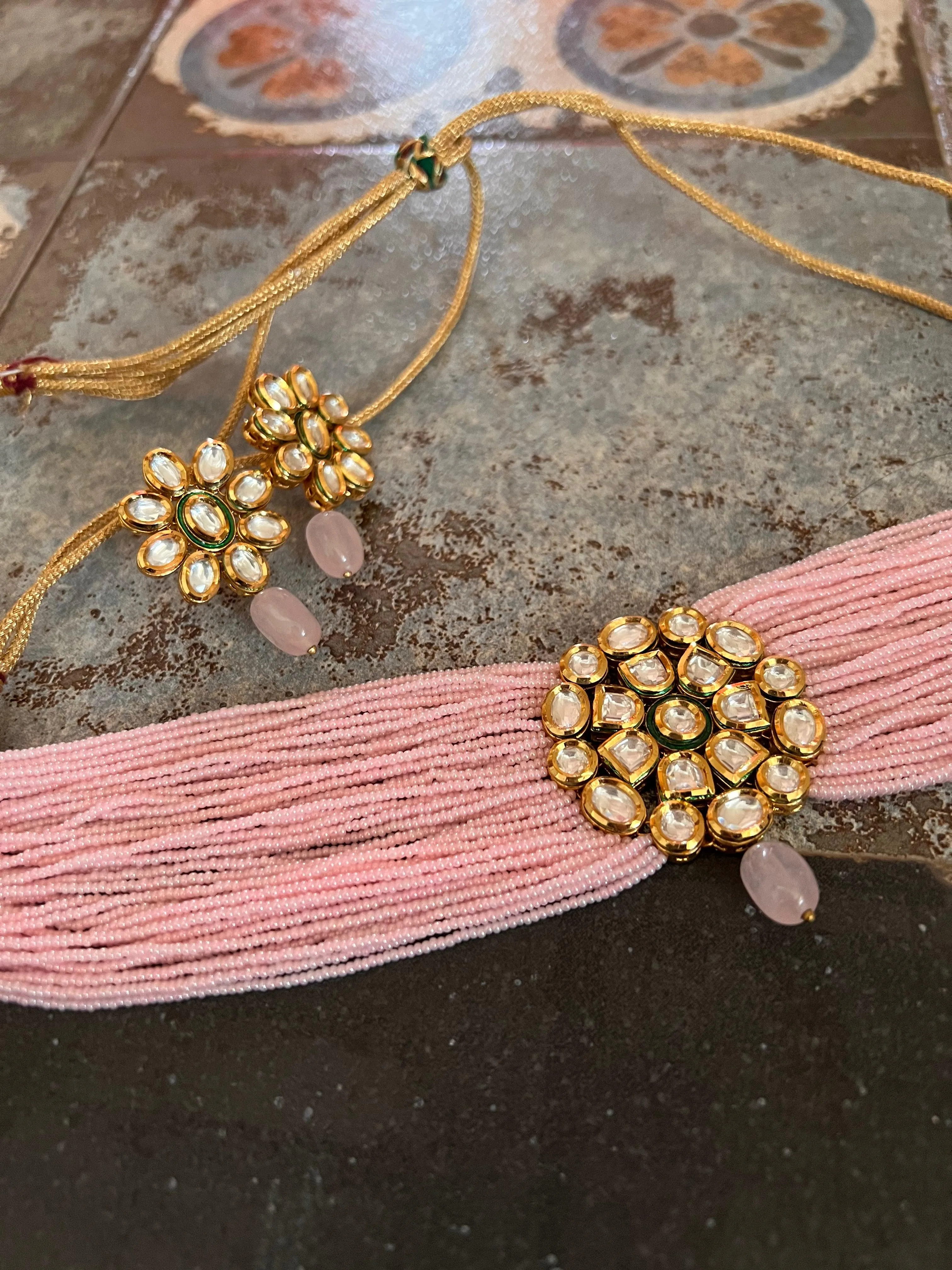 Pink Kundan Choker with Earrings
