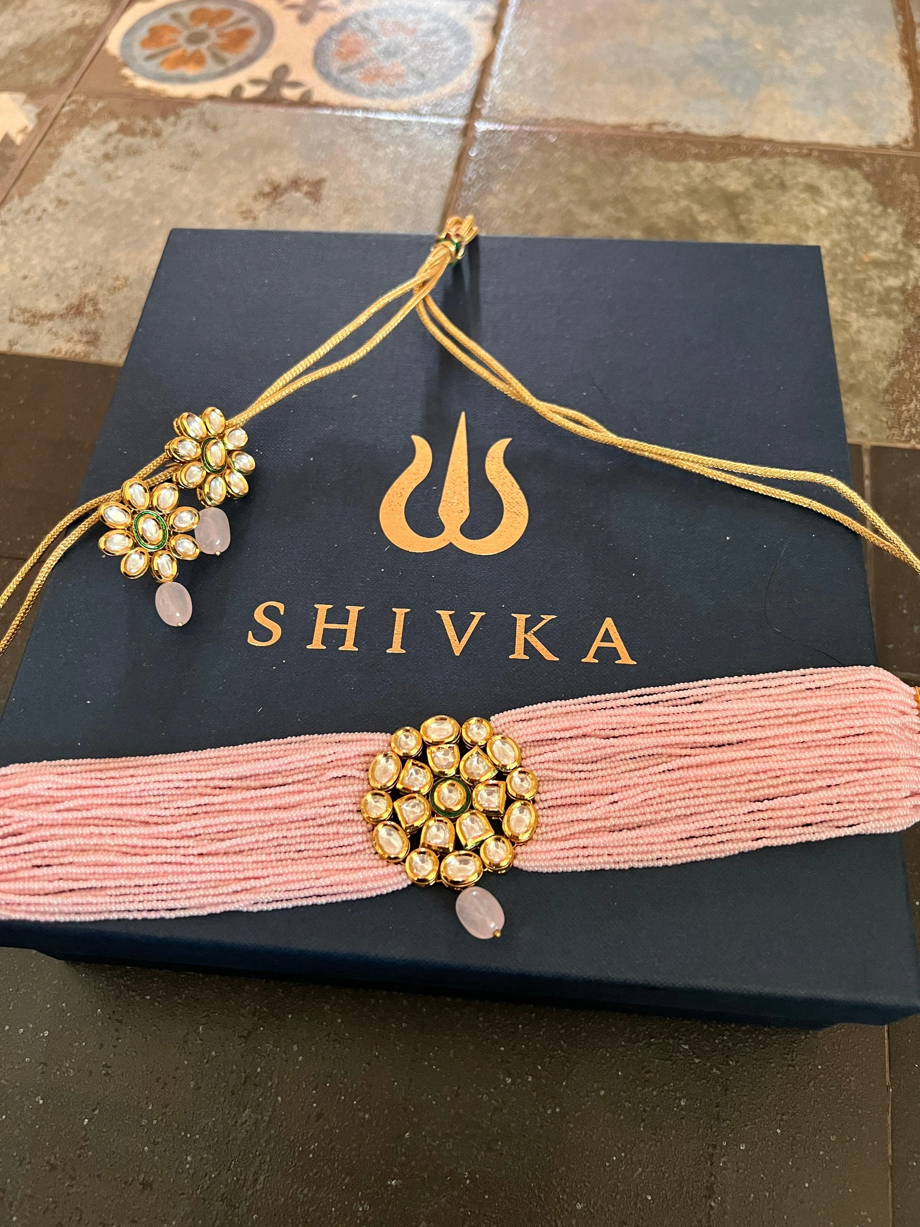 Pink Kundan Choker with Earrings