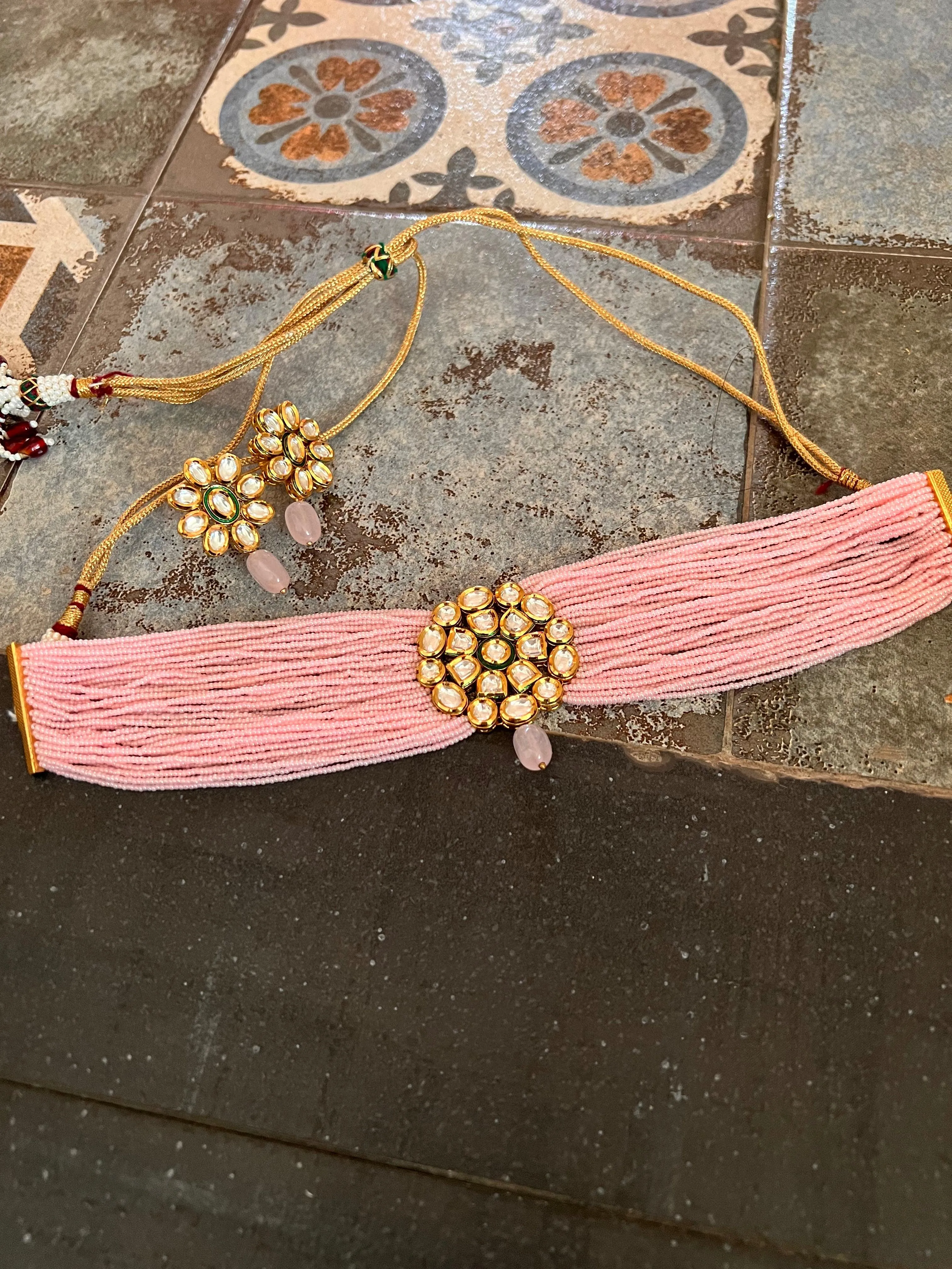 Pink Kundan Choker with Earrings