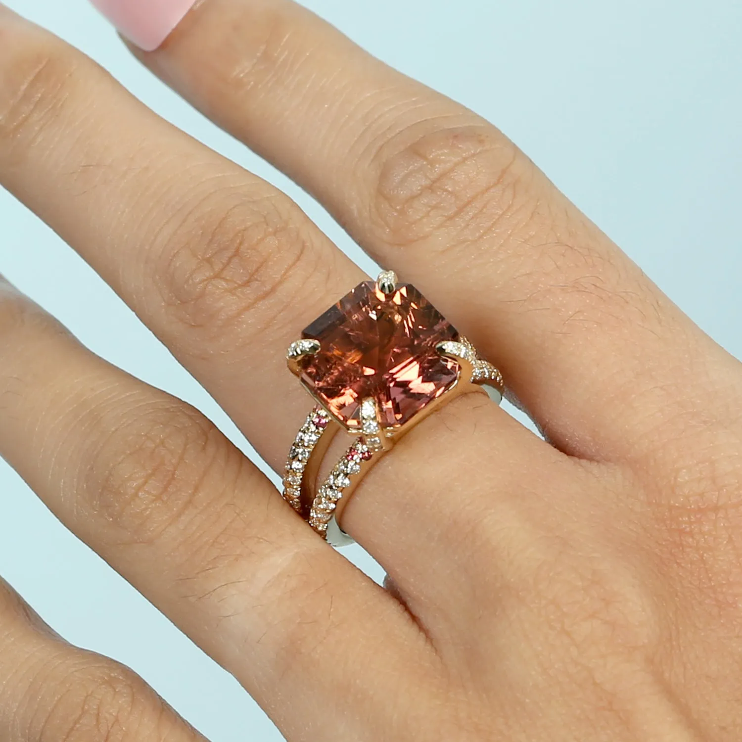 Pink Octagon Cut Tourmaline Pave  Diamond In Yellow Gold Solitaire Ring