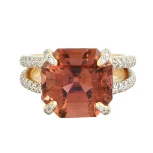 Pink Octagon Cut Tourmaline Pave  Diamond In Yellow Gold Solitaire Ring