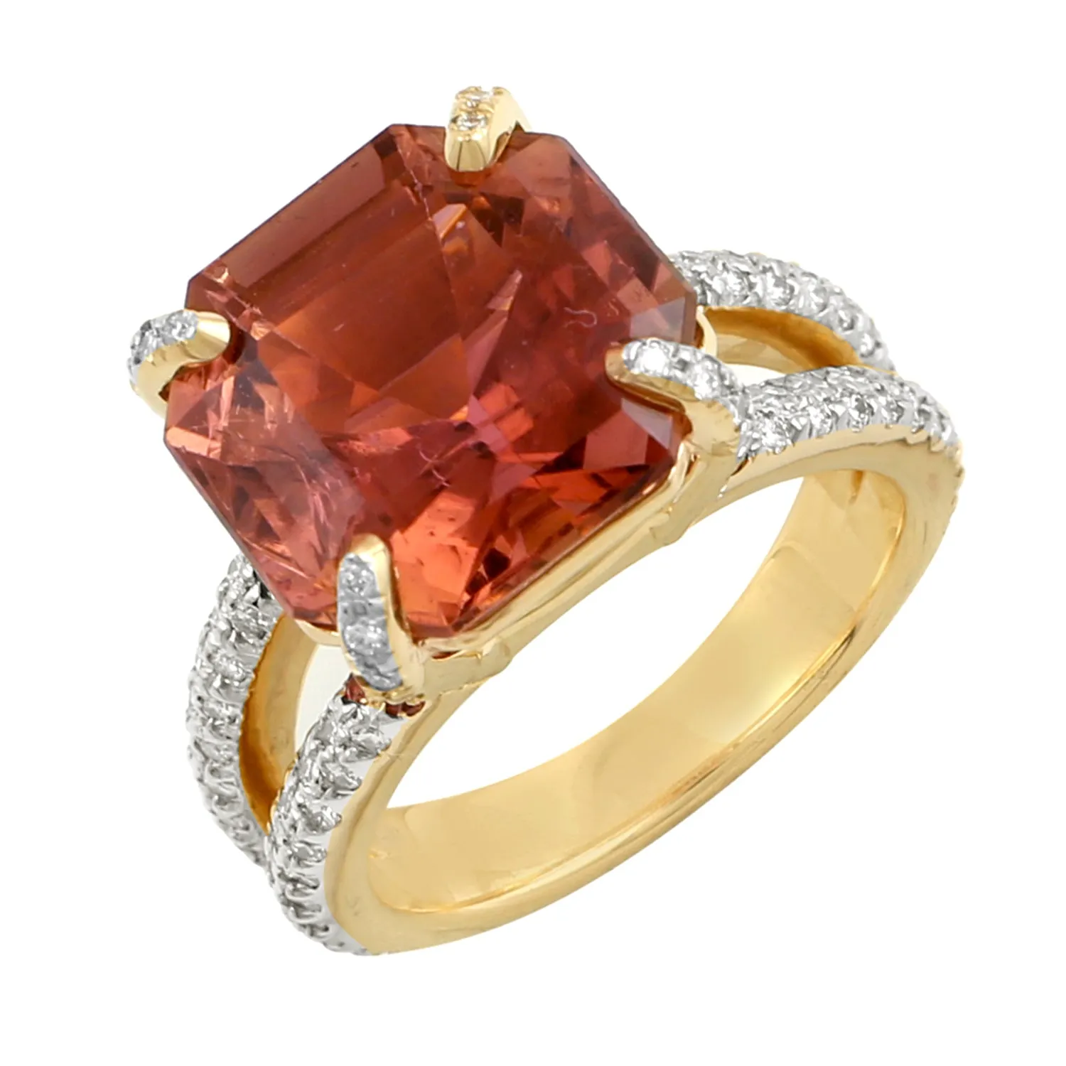 Pink Octagon Cut Tourmaline Pave  Diamond In Yellow Gold Solitaire Ring