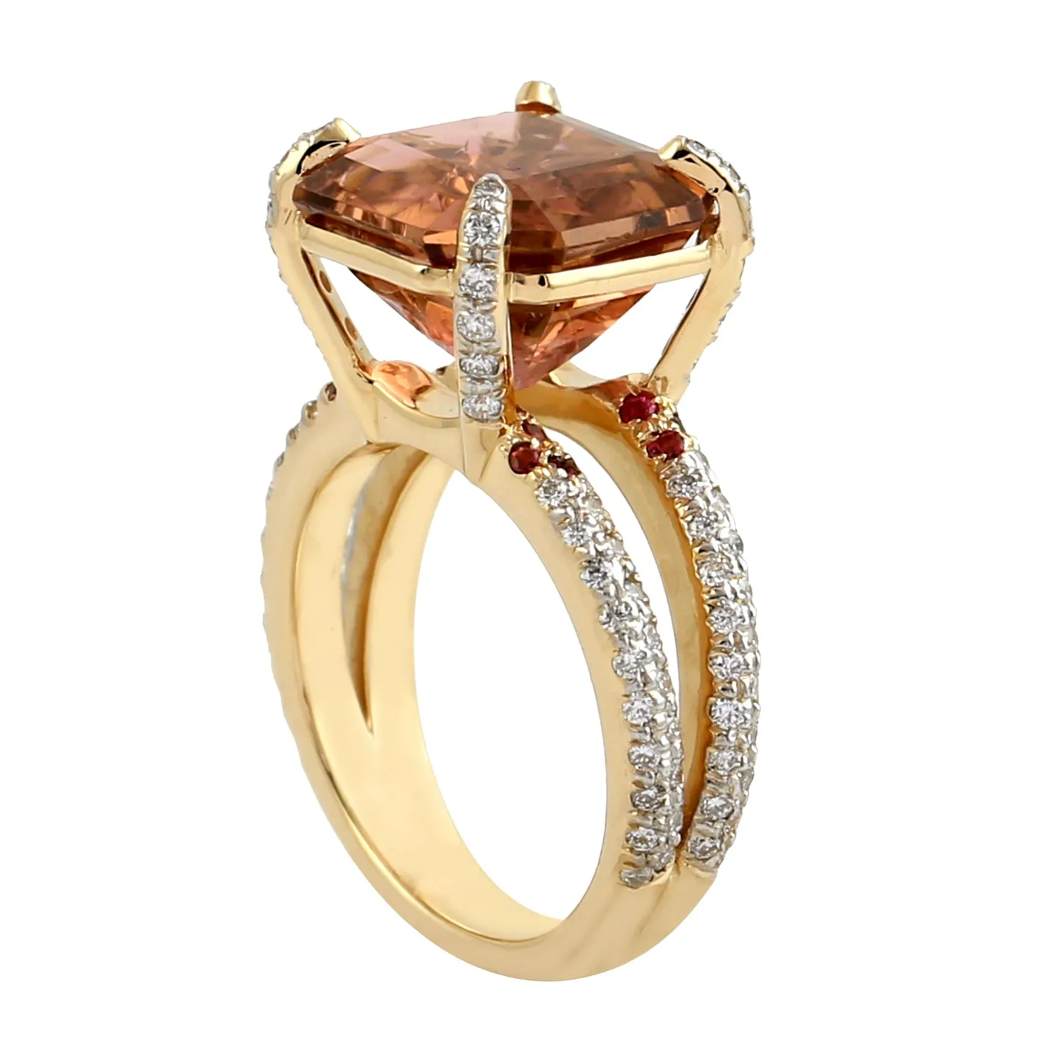 Pink Octagon Cut Tourmaline Pave  Diamond In Yellow Gold Solitaire Ring