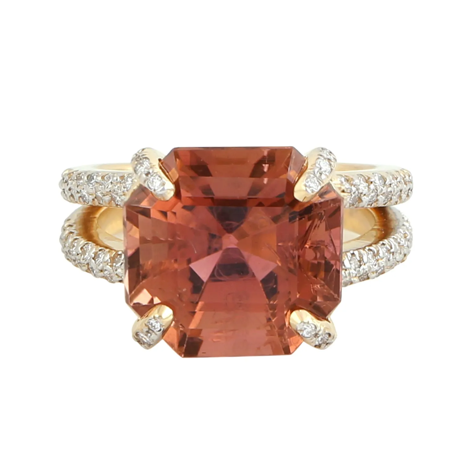 Pink Octagon Cut Tourmaline Pave  Diamond In Yellow Gold Solitaire Ring