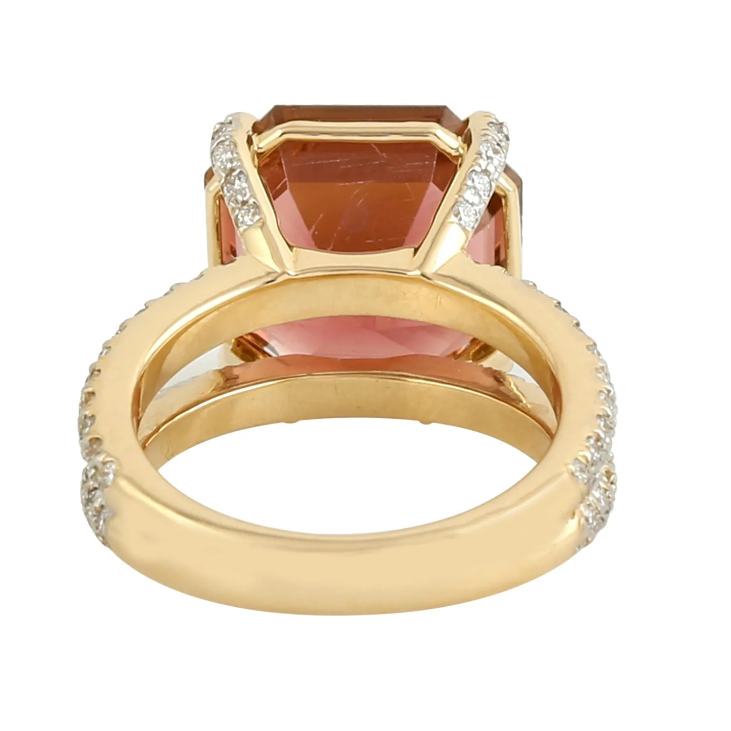Pink Octagon Cut Tourmaline Pave  Diamond In Yellow Gold Solitaire Ring
