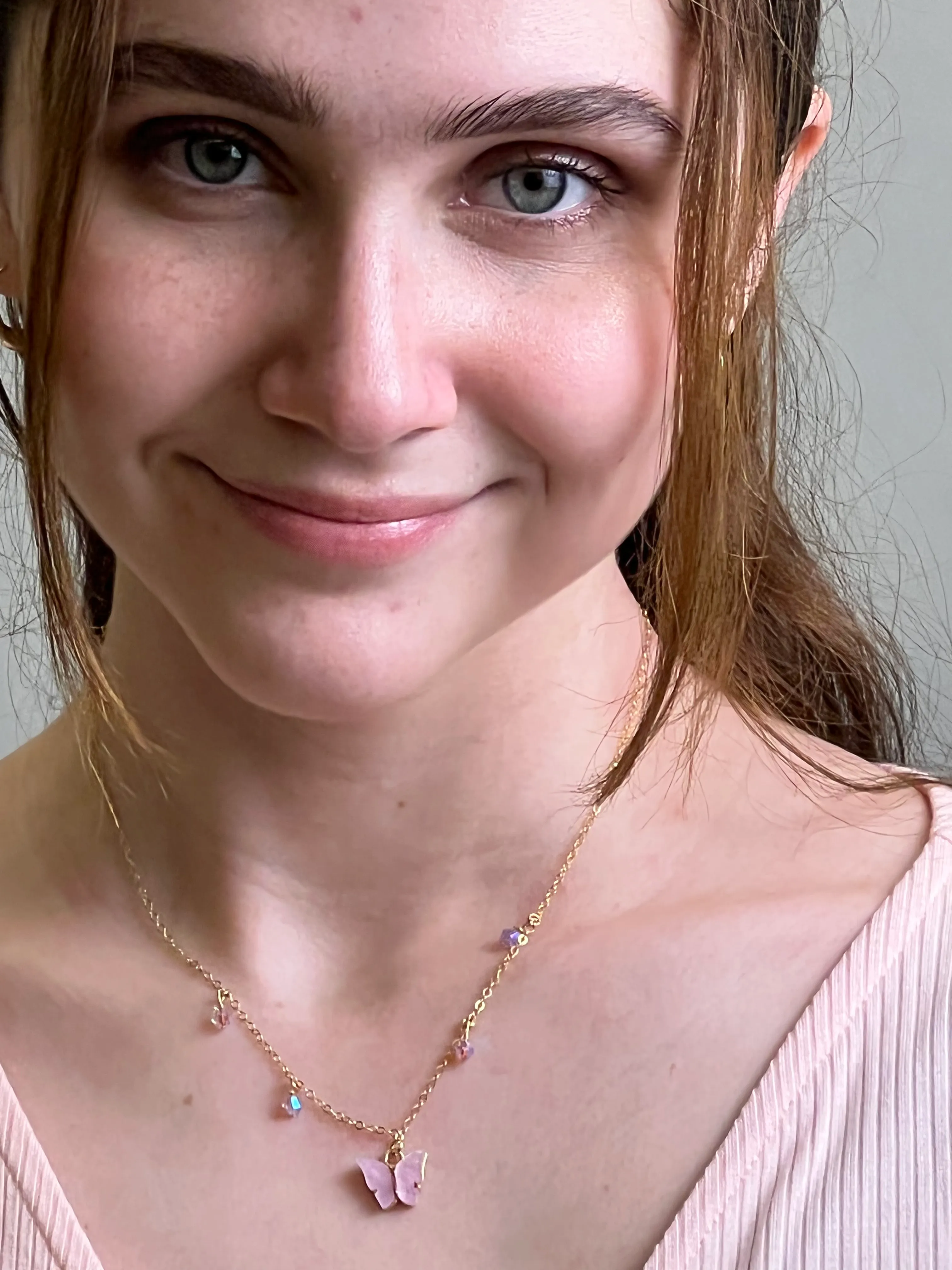 Pink Pearl Butterfly Choker 14K Gold Necklace