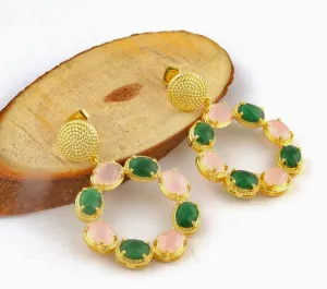 Pink Quartz and Green Onyx Gemstone Gold Twisted Statement Earrings 2"