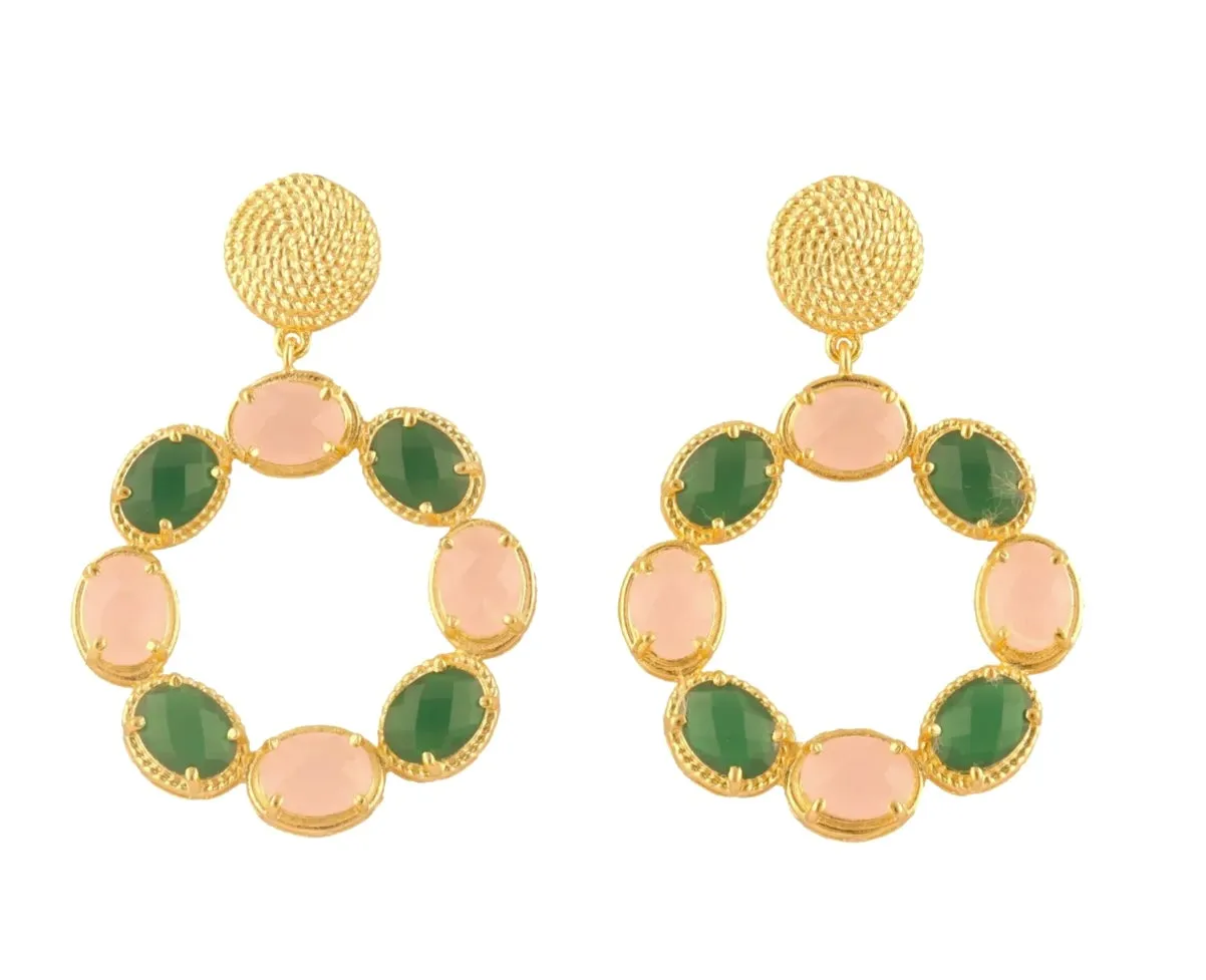 Pink Quartz and Green Onyx Gemstone Gold Twisted Statement Earrings 2"