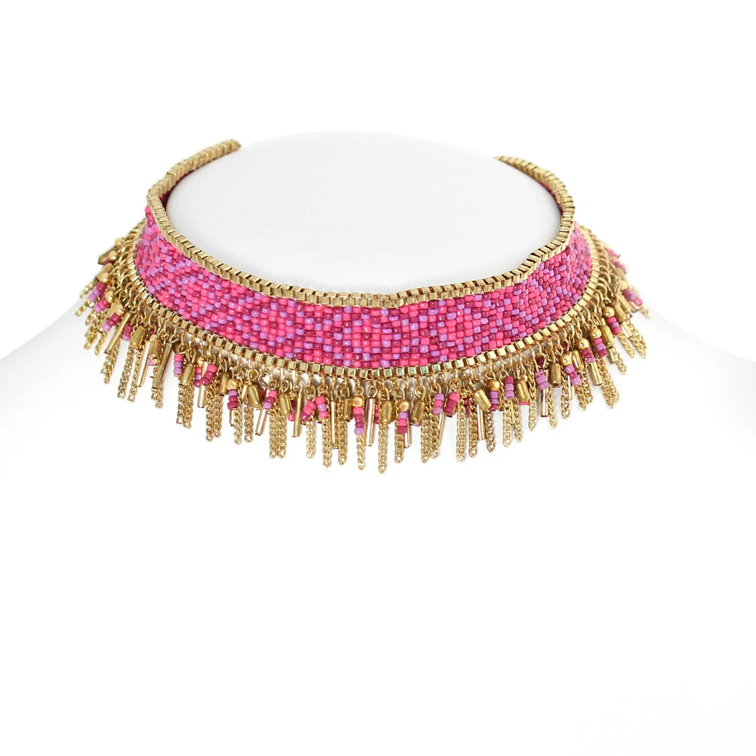 PINK SEED BEADS GOLD TASSEL CHOKER NECKLACE #ADX0088015 (SHE5-6)