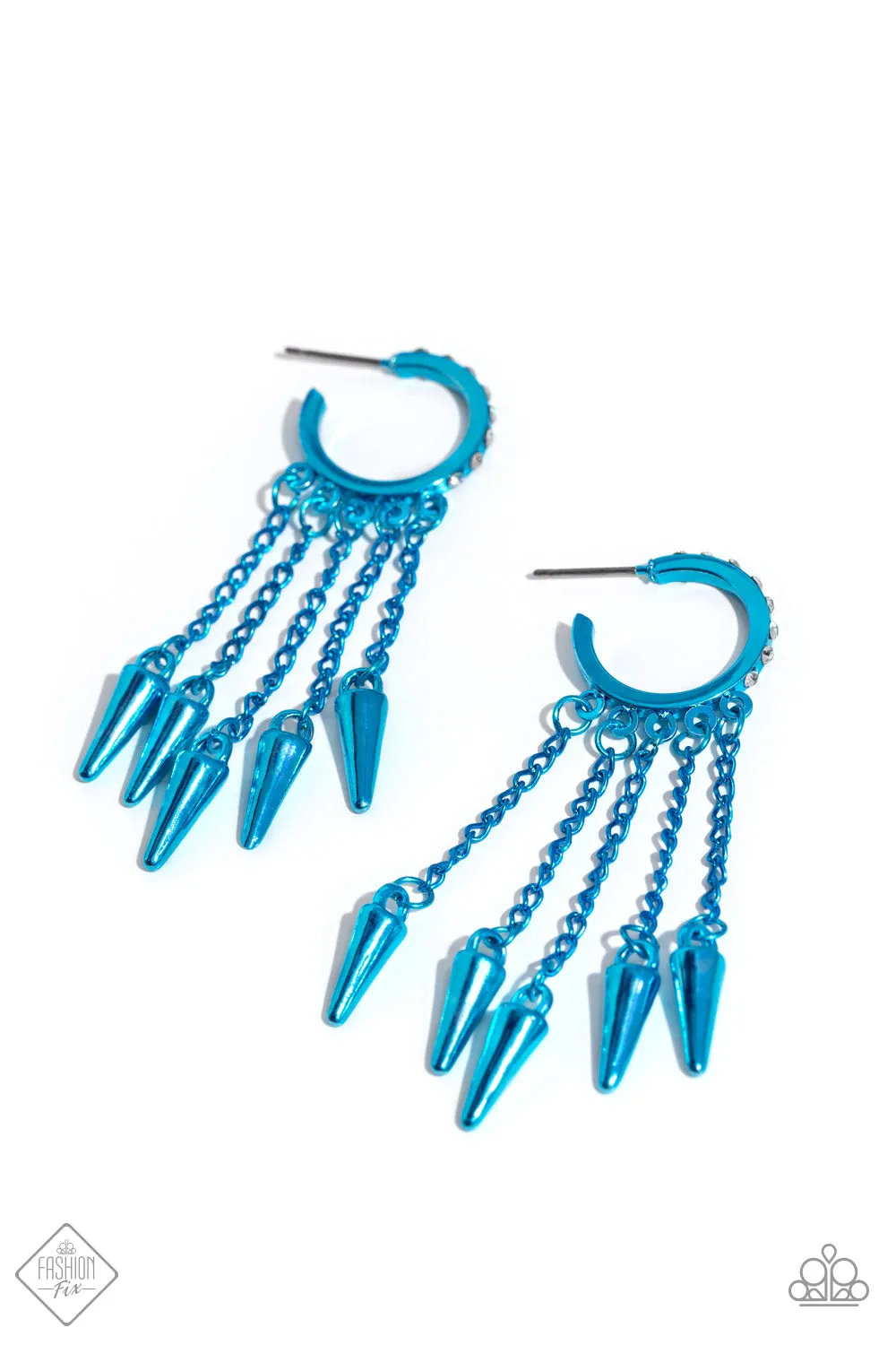 Piquant Punk - Blue - White Rhinesonte Metallic Paparazzi Hoop Earrings - December 2023 Magnificent Musings