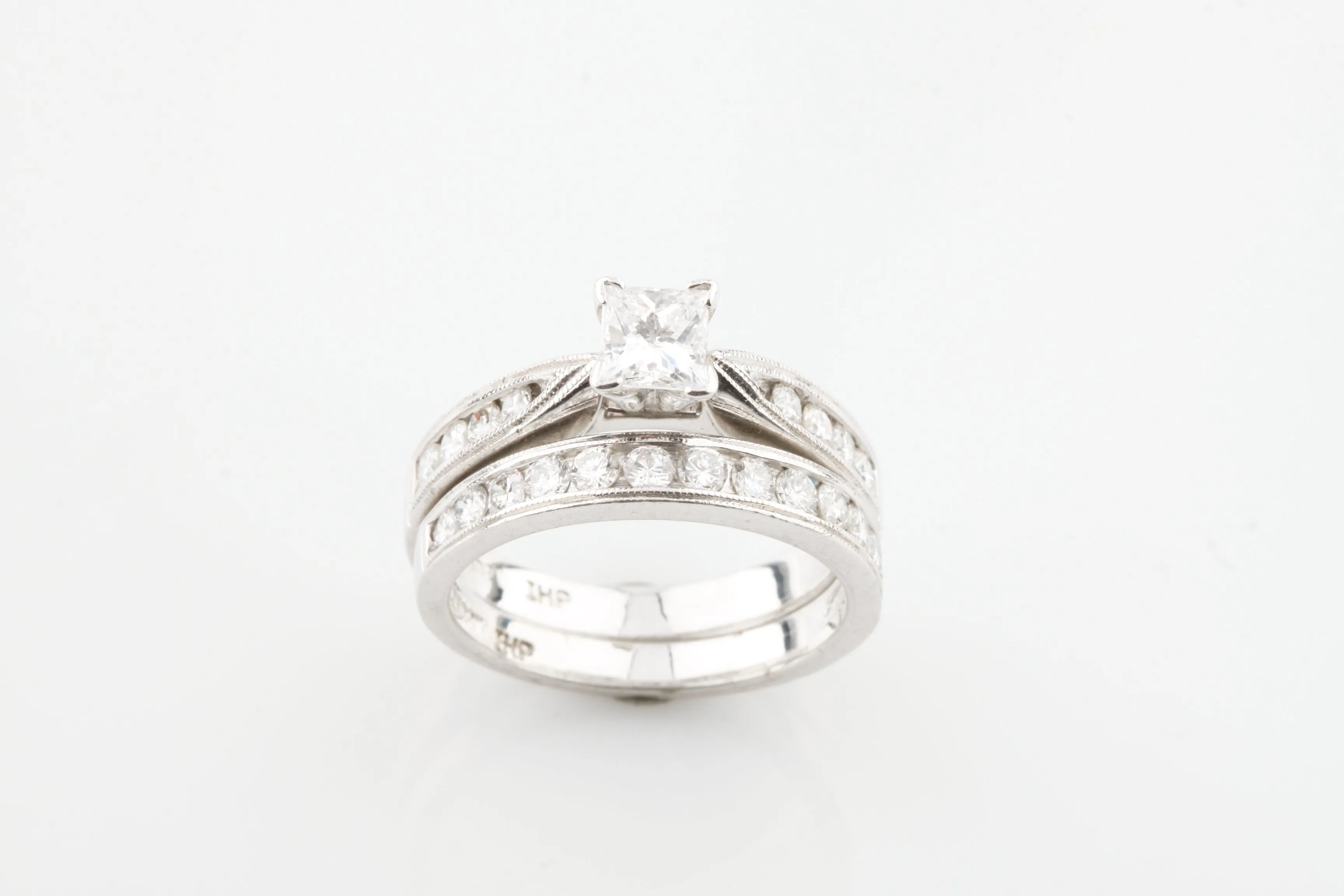Platinum Women's 0.56 Ct Princess Cut Wedding Set with Round Accent Stones Sz 6