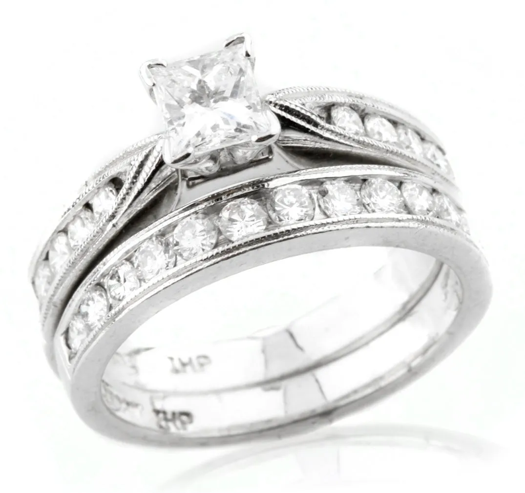 Platinum Women's 0.56 Ct Princess Cut Wedding Set with Round Accent Stones Sz 6