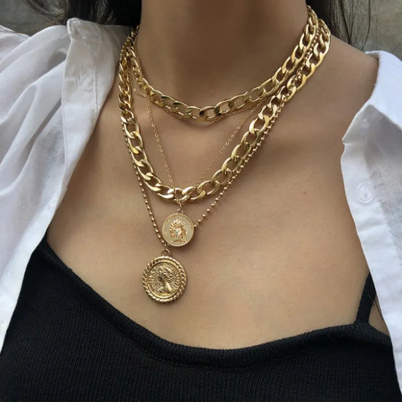 Punk Multi Layer Curb Cuban Chunky Thick Portrait Choker Necklace Women Vintage Carved Coin Pendant Necklace Jewelry
