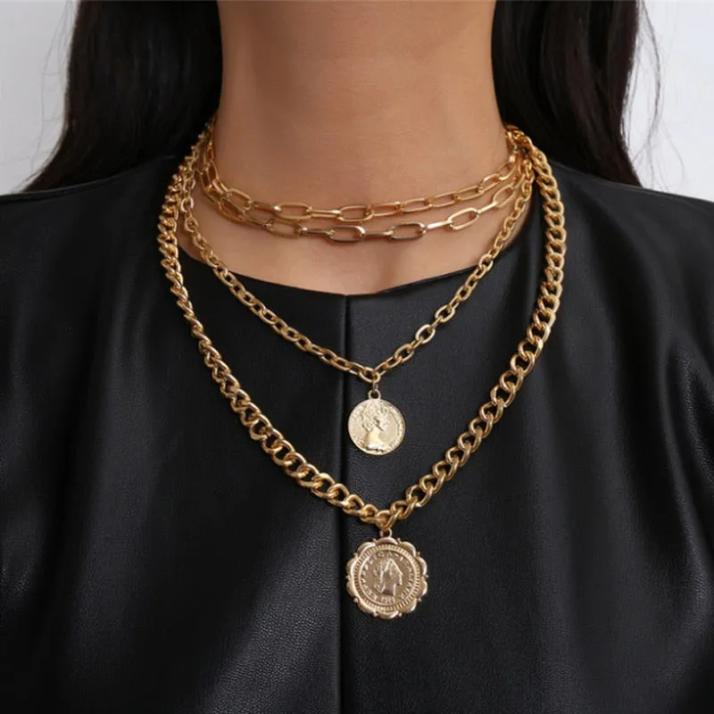 Punk Multi Layer Curb Cuban Chunky Thick Portrait Choker Necklace Women Vintage Carved Coin Pendant Necklace Jewelry