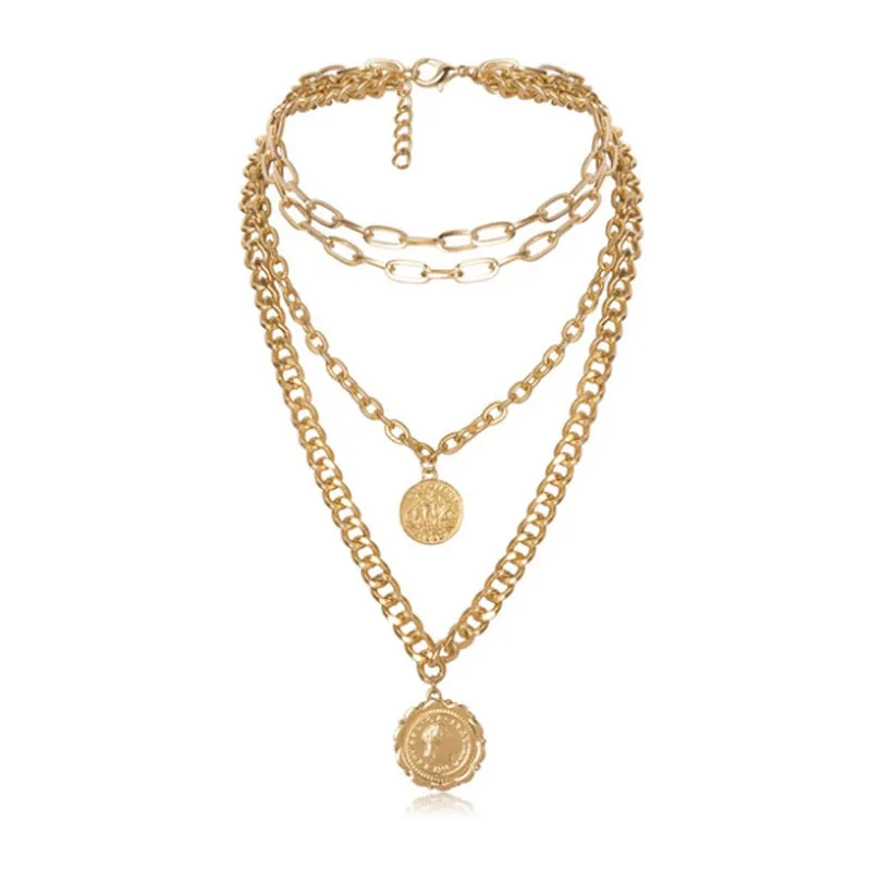 Punk Multi Layer Curb Cuban Chunky Thick Portrait Choker Necklace Women Vintage Carved Coin Pendant Necklace Jewelry
