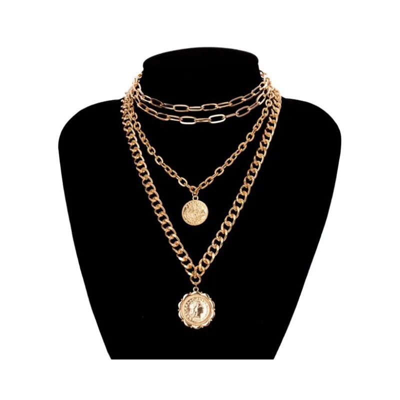 Punk Multi Layer Curb Cuban Chunky Thick Portrait Choker Necklace Women Vintage Carved Coin Pendant Necklace Jewelry
