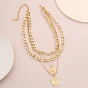Punk Multi Layer Curb Cuban Chunky Thick Portrait Choker Necklace Women Vintage Carved Coin Pendant Necklace Jewelry