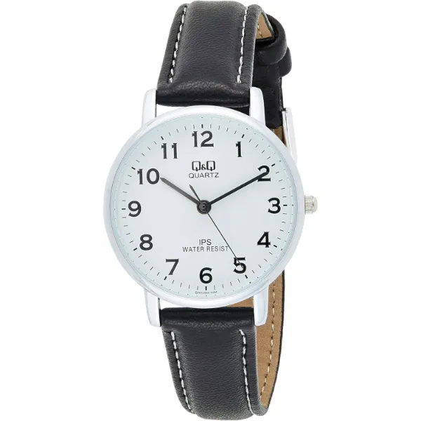 Q&Q Black Leather Strap White Dial Quartz Watch for Ladies - QZ01J304Y