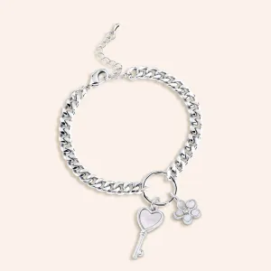 "The Start of a New Beginning" Multi Charm Curb Chain Bracelet - Flower & Key Charms