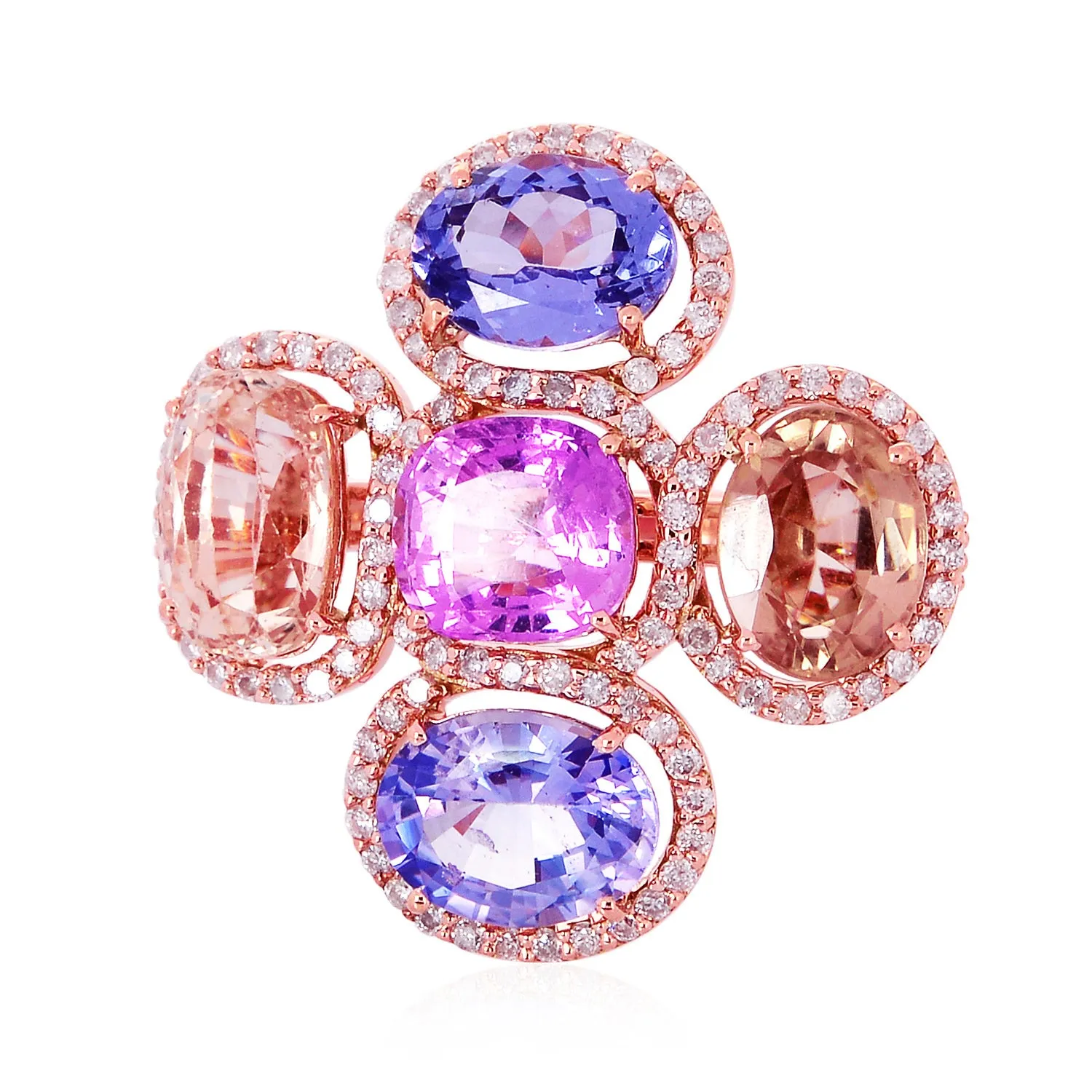 Rainbow Color Sapphire Gemstone Pave Diamond Flower Ring In 18K Rose Gold