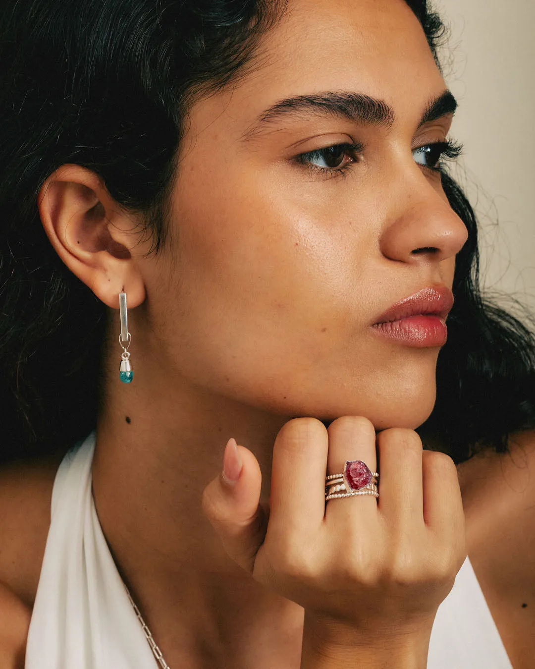 Raw Strawberry Quartz Silver Stacking Ring Set