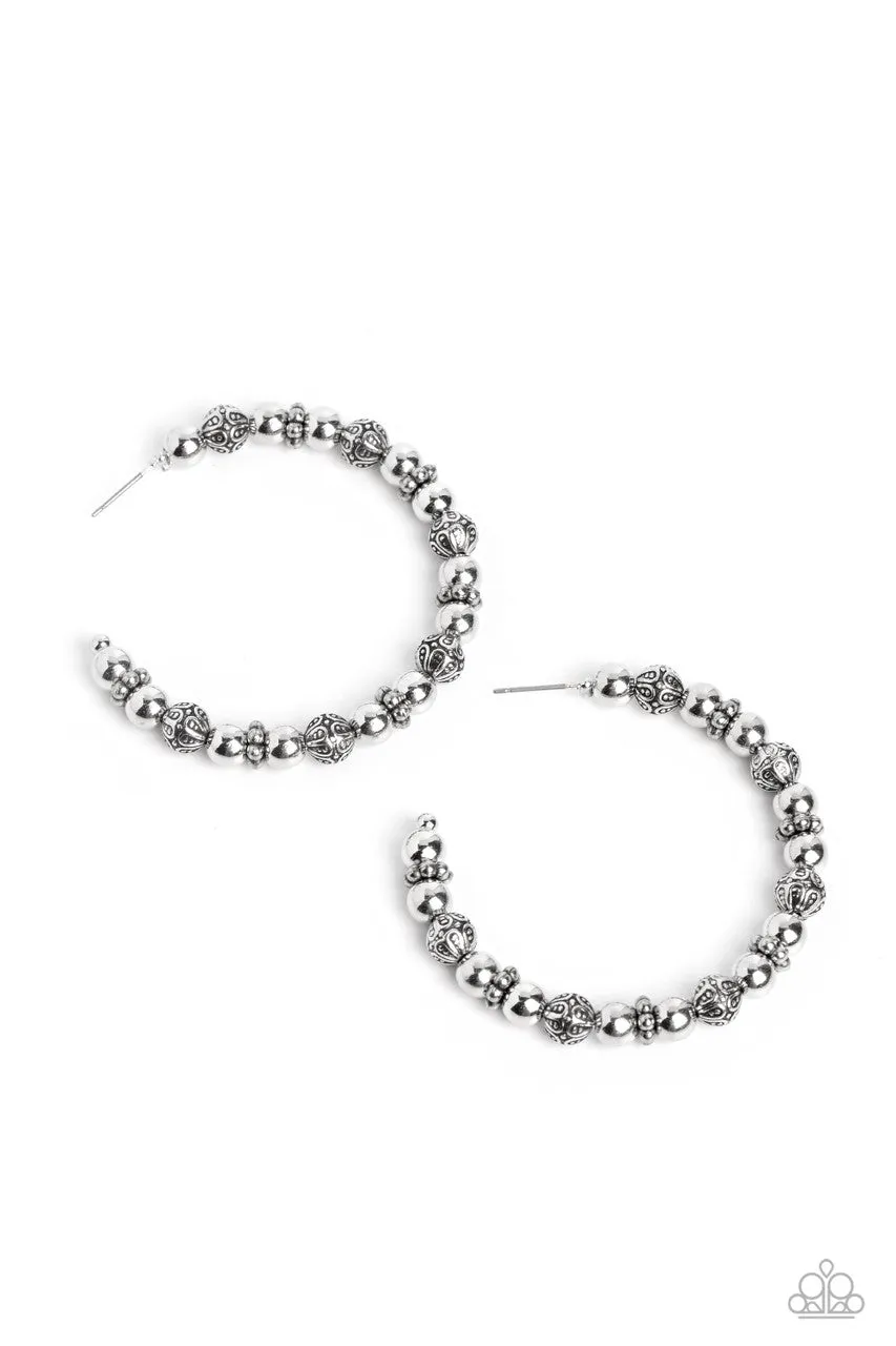 Rebuilt Ruins - Silver - Floral Bead Paparazzi Hoop Earrings