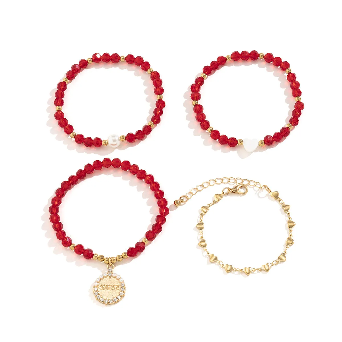 Red Crystal & Cubic Zirconia Pearl 'Shine' Charm Bracelet Set