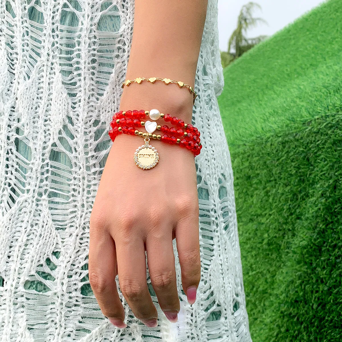 Red Crystal & Cubic Zirconia Pearl 'Shine' Charm Bracelet Set