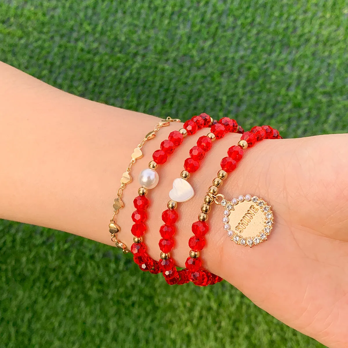 Red Crystal & Cubic Zirconia Pearl 'Shine' Charm Bracelet Set