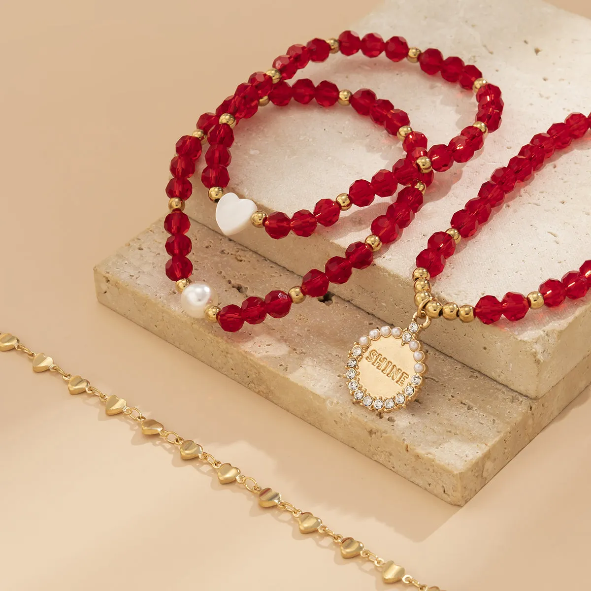 Red Crystal & Cubic Zirconia Pearl 'Shine' Charm Bracelet Set
