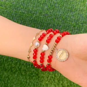 Red Crystal & Cubic Zirconia Pearl 'Shine' Charm Bracelet Set
