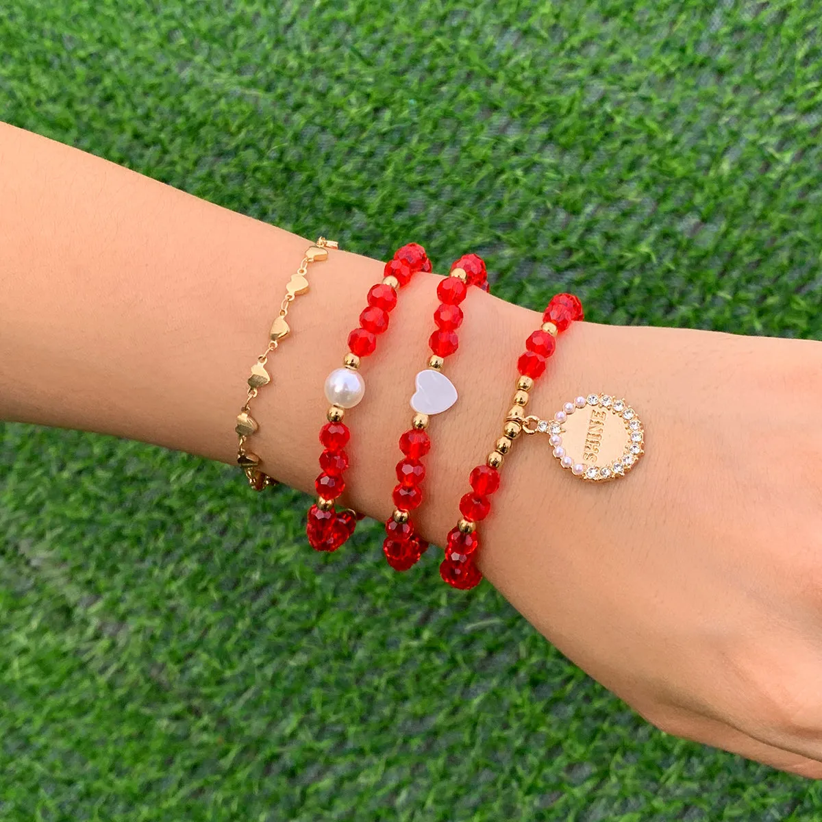 Red Crystal & Cubic Zirconia Pearl 'Shine' Charm Bracelet Set