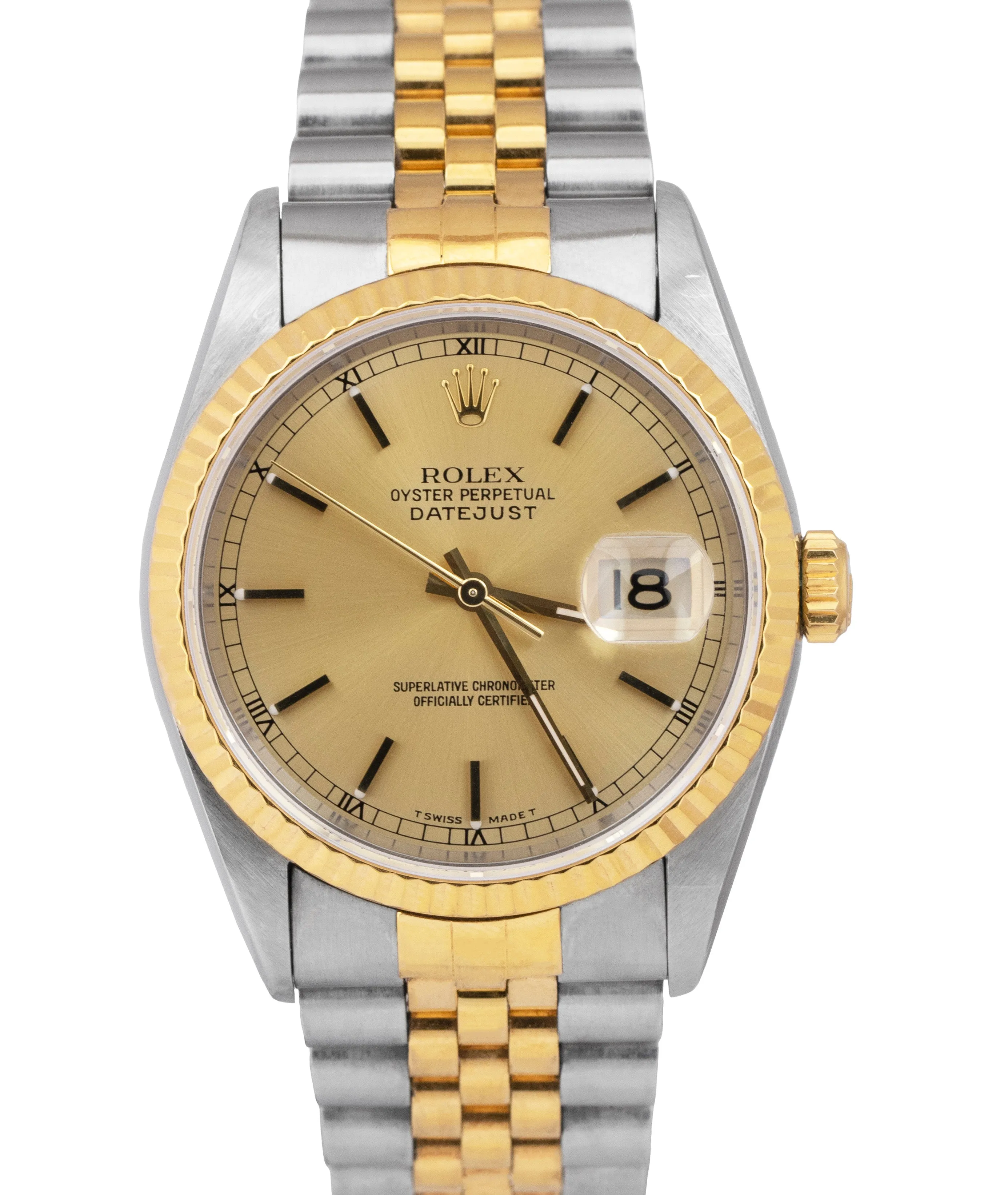 Rolex DateJust 36mm 18K Yellow Gold NO-HOLES Stainless Champagne Watch 16233