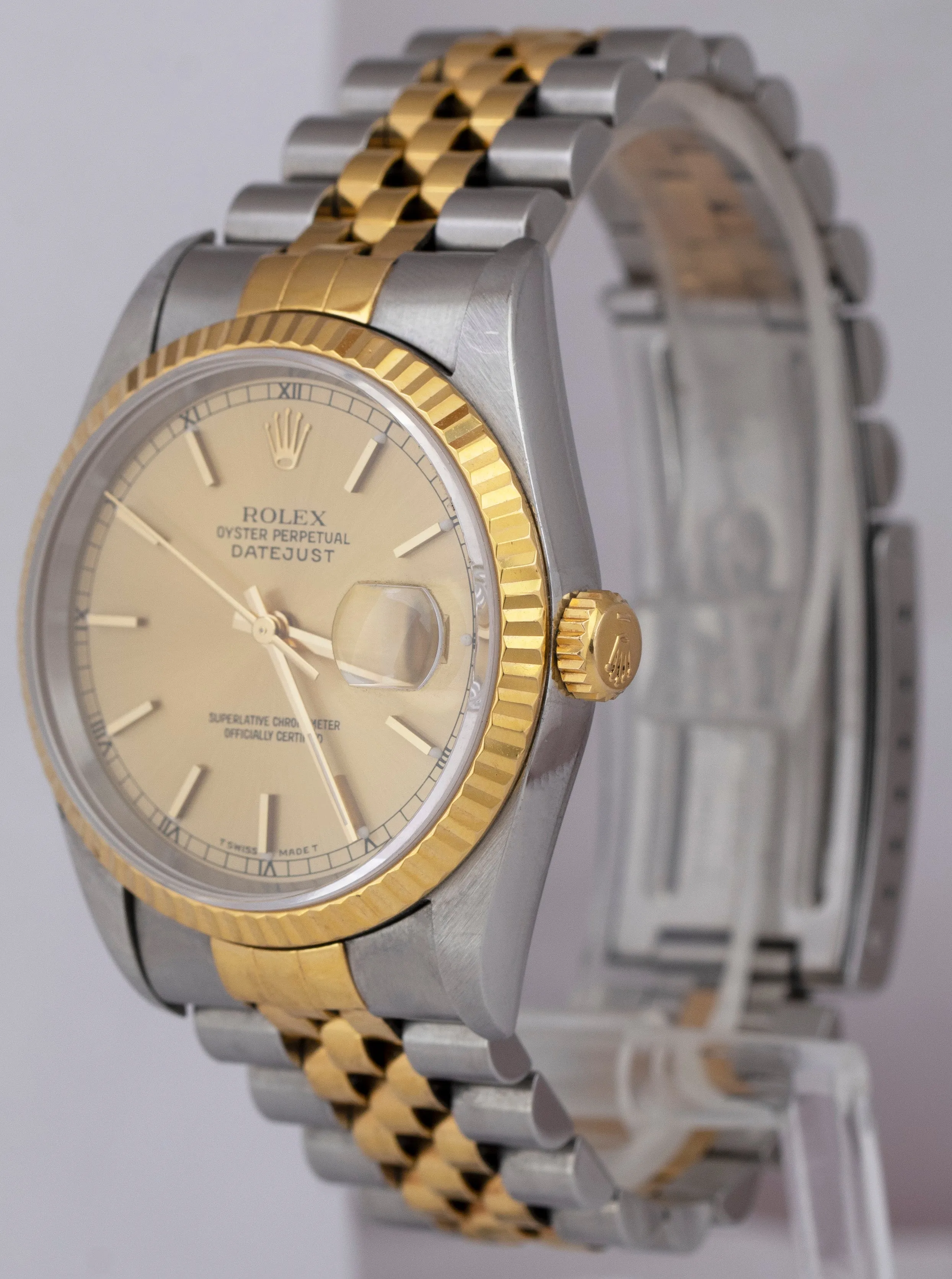 Rolex DateJust 36mm 18K Yellow Gold NO-HOLES Stainless Champagne Watch 16233