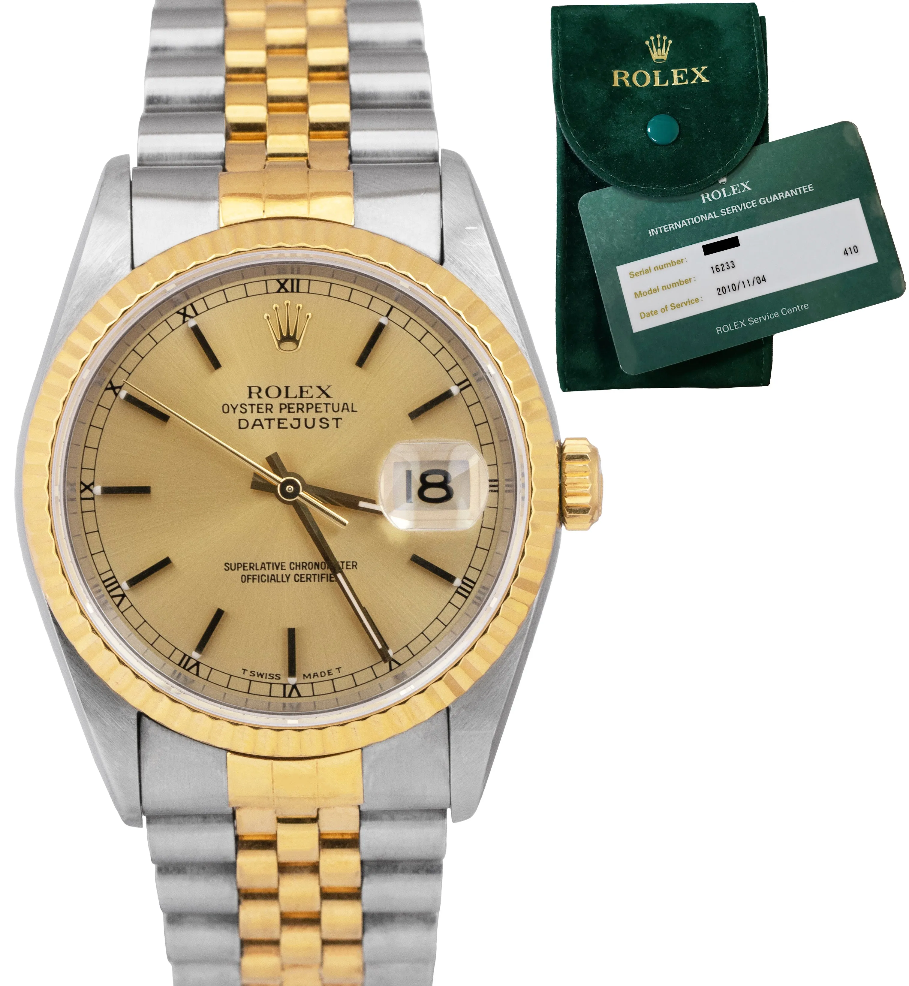 Rolex DateJust 36mm 18K Yellow Gold NO-HOLES Stainless Champagne Watch 16233