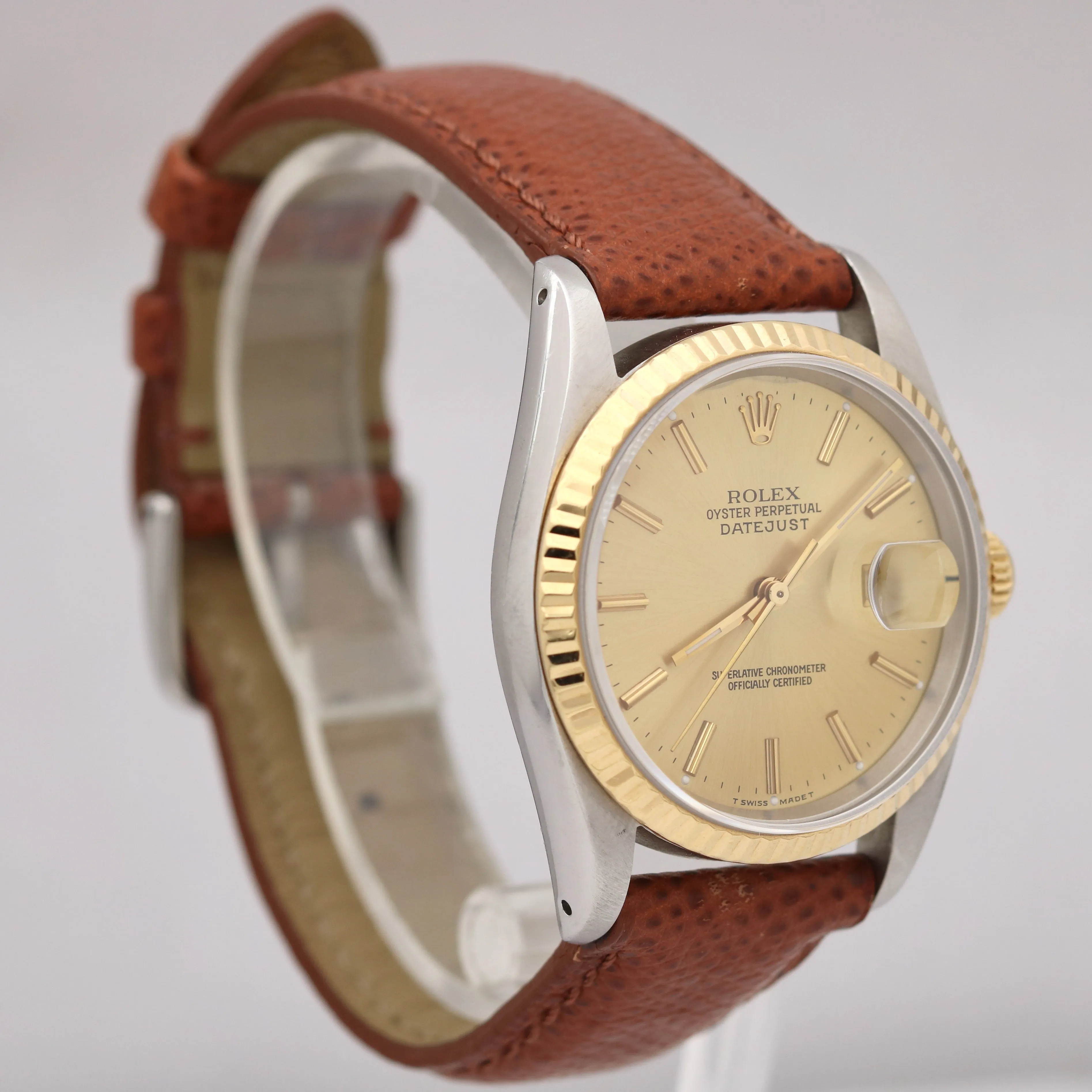 Rolex DateJust TWO-TONE Yellow Gold Fluted CHAMPAGNE Brown Leather 36mm 16233