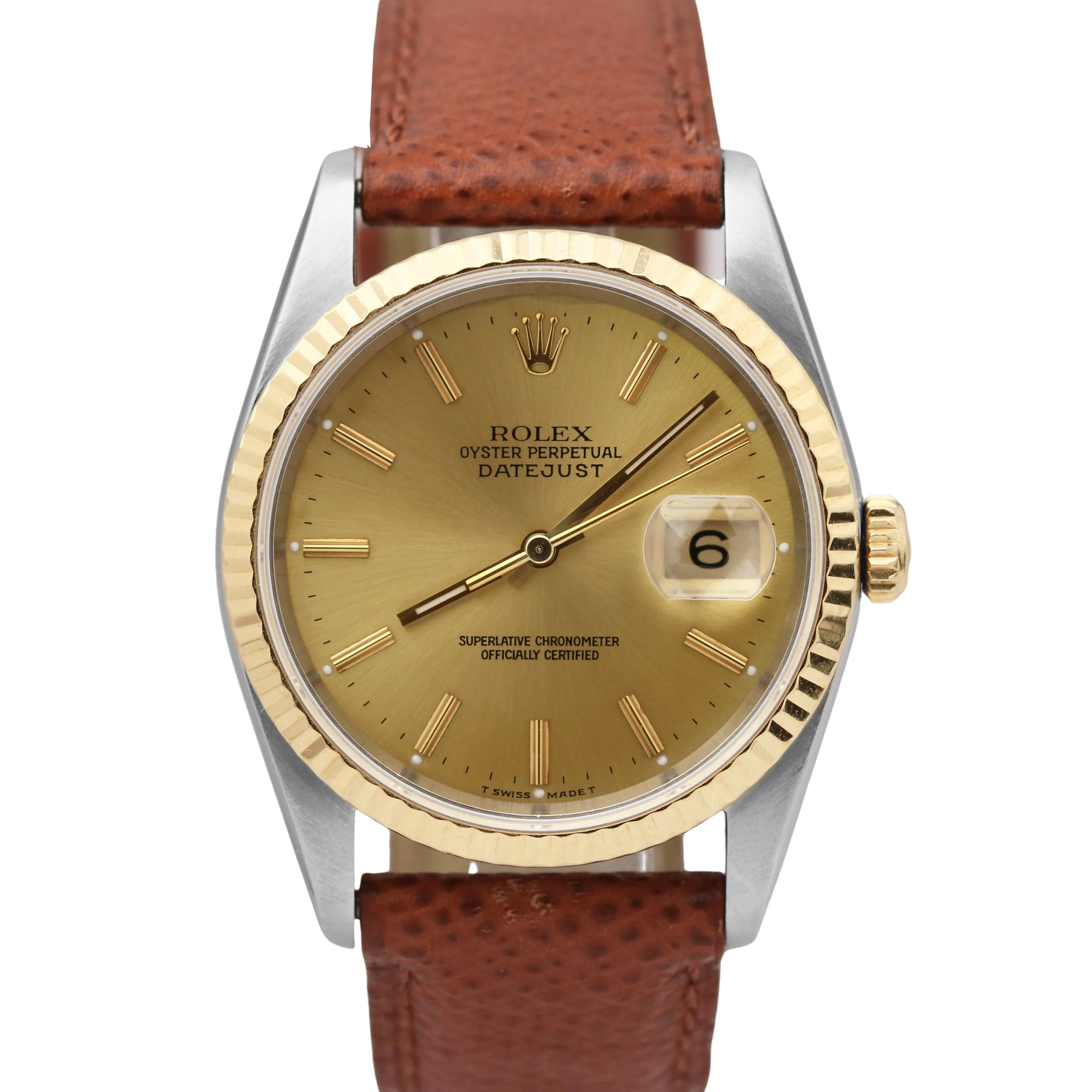 Rolex DateJust TWO-TONE Yellow Gold Fluted CHAMPAGNE Brown Leather 36mm 16233