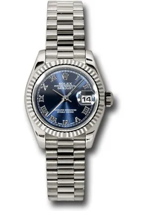 Rolex White Gold Lady-Datejust 26 Watch - Fluted Bezel - Blue Roman Dial - President Bracelet - 179179 brp