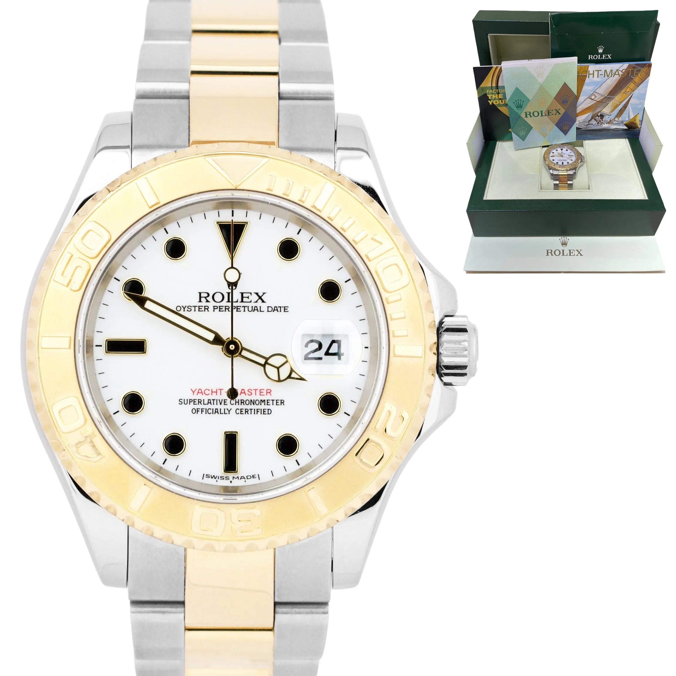 Rolex Yacht-Master 16623 White 18K Two Tone Yellow Gold 40mm Steel Date Watch BP