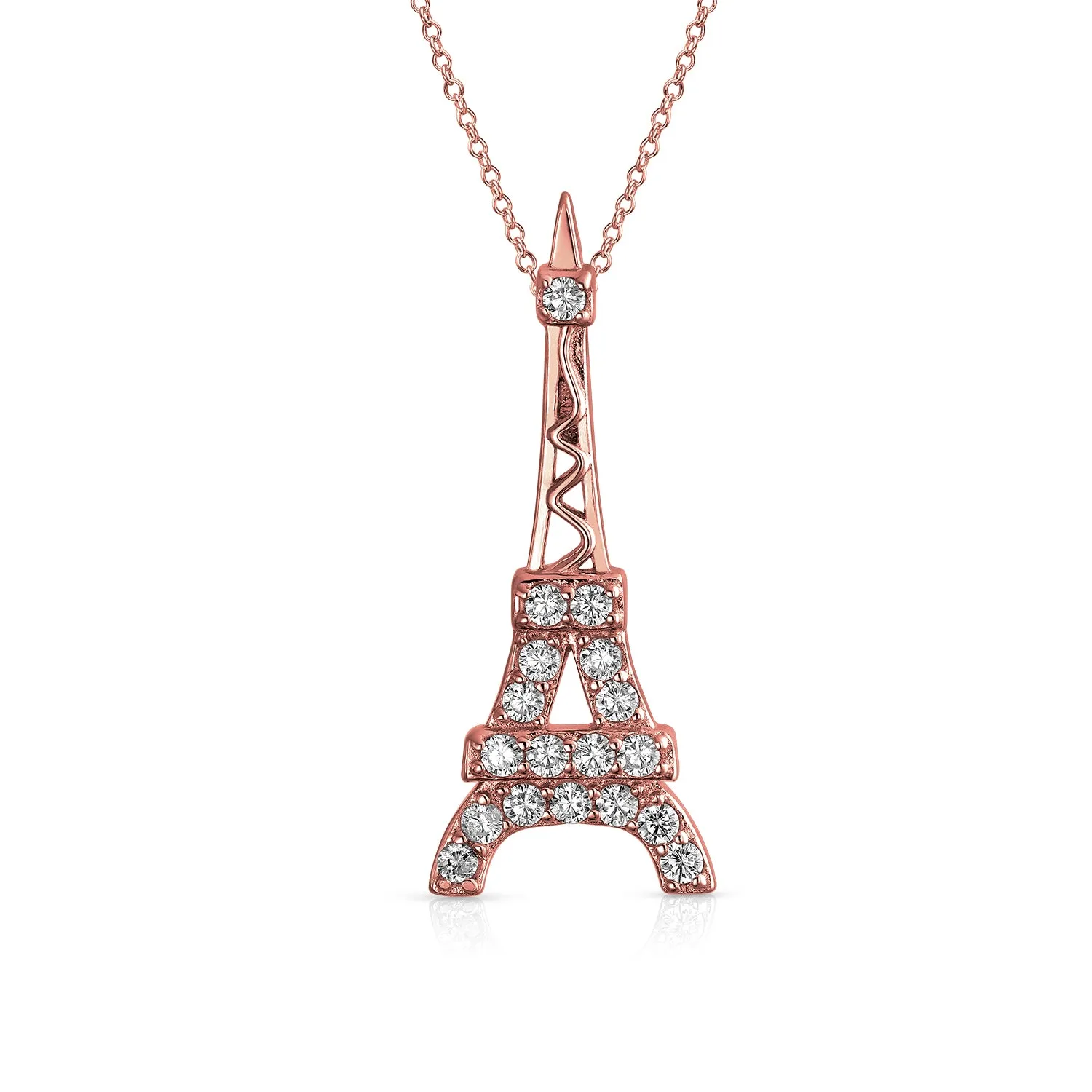Rose Gold Eiffel Tower Pendant Necklace Cubic Zirconia Pave on Sterling Silver