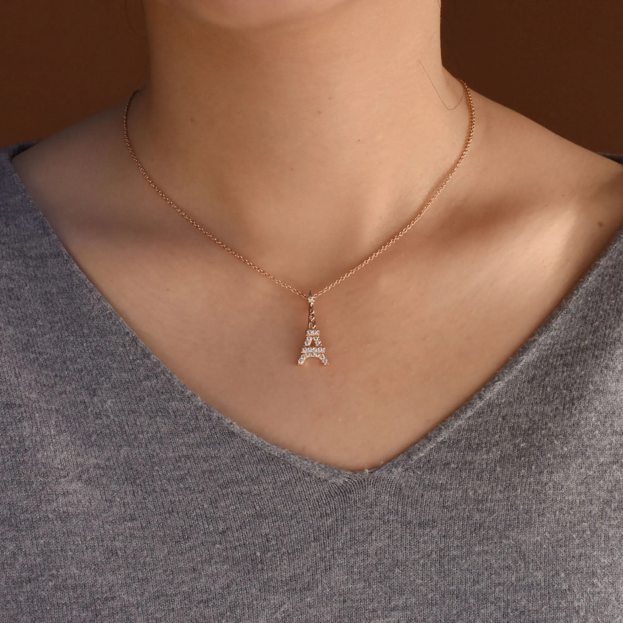 Rose Gold Eiffel Tower Pendant Necklace Cubic Zirconia Pave on Sterling Silver
