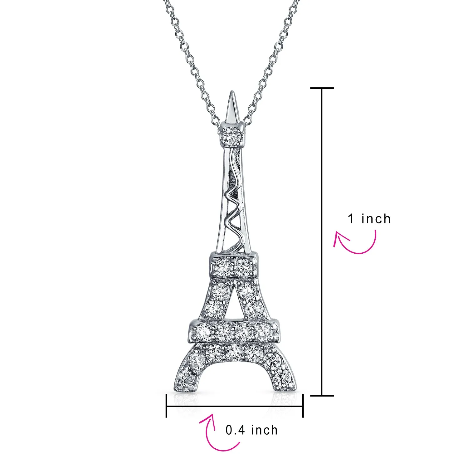 Rose Gold Eiffel Tower Pendant Necklace Cubic Zirconia Pave on Sterling Silver