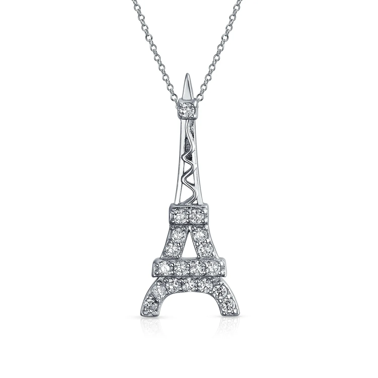 Rose Gold Eiffel Tower Pendant Necklace Cubic Zirconia Pave on Sterling Silver