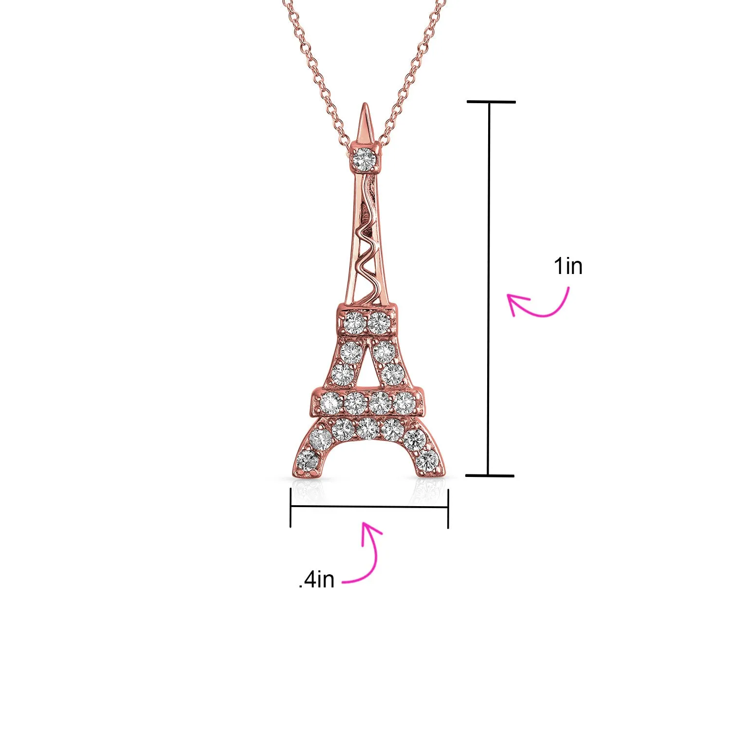 Rose Gold Eiffel Tower Pendant Necklace Cubic Zirconia Pave on Sterling Silver