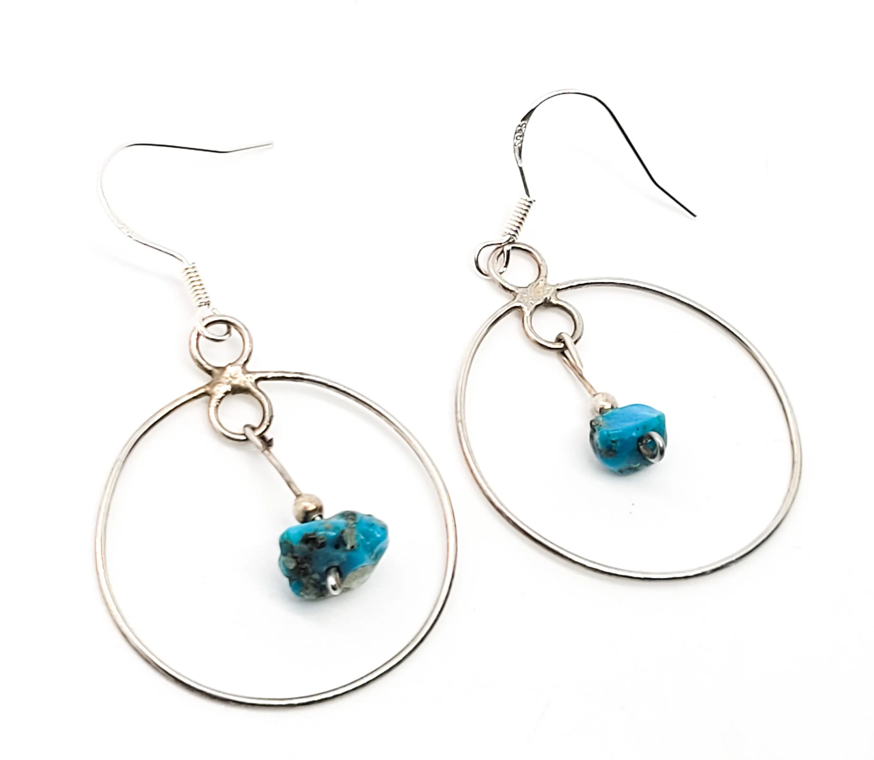 Rough turquoise gemstone sterling silver vintage hoop drop dangle earrings 925